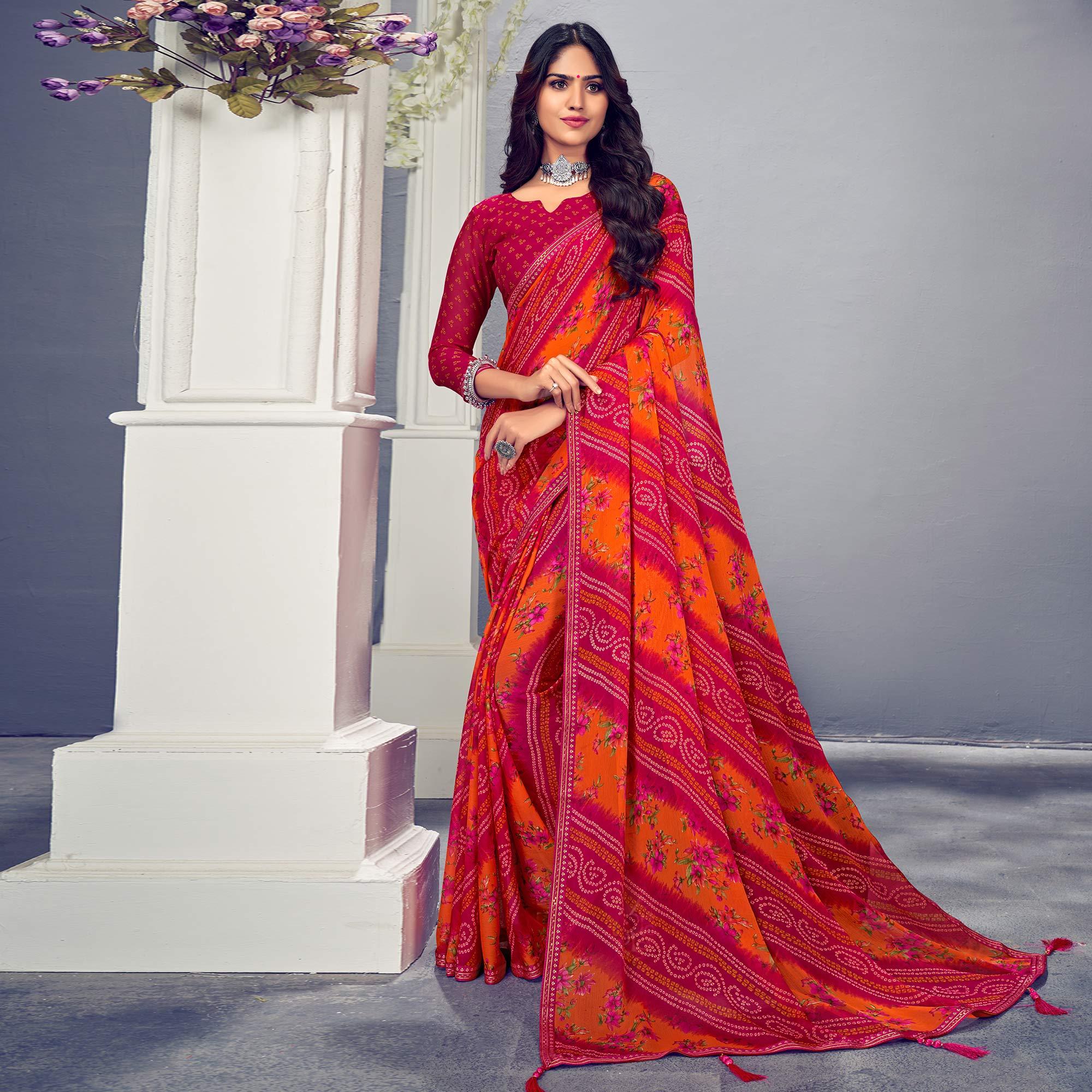 Rose Pink & Orange Bandhani Printed Chiffon Saree With Tassels - Peachmode