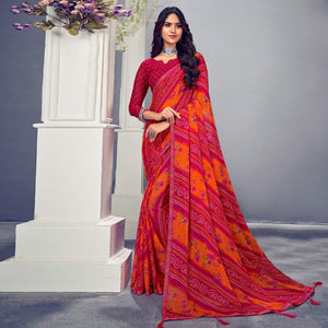 Rose Pink & Orange Bandhani Printed Chiffon Saree With Tassels - Peachmode