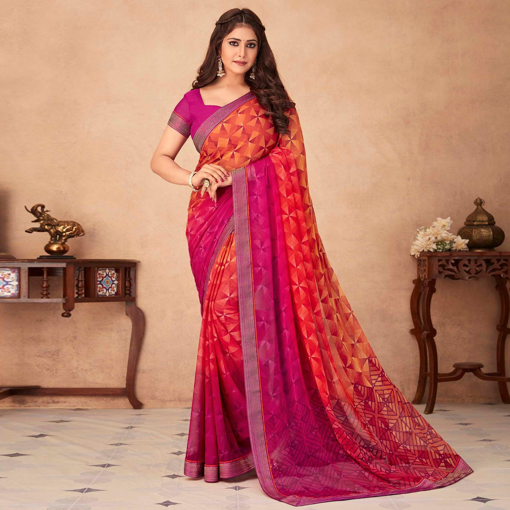 Rose Pink & Orange Geometric Printed Chiffon Saree - Peachmode