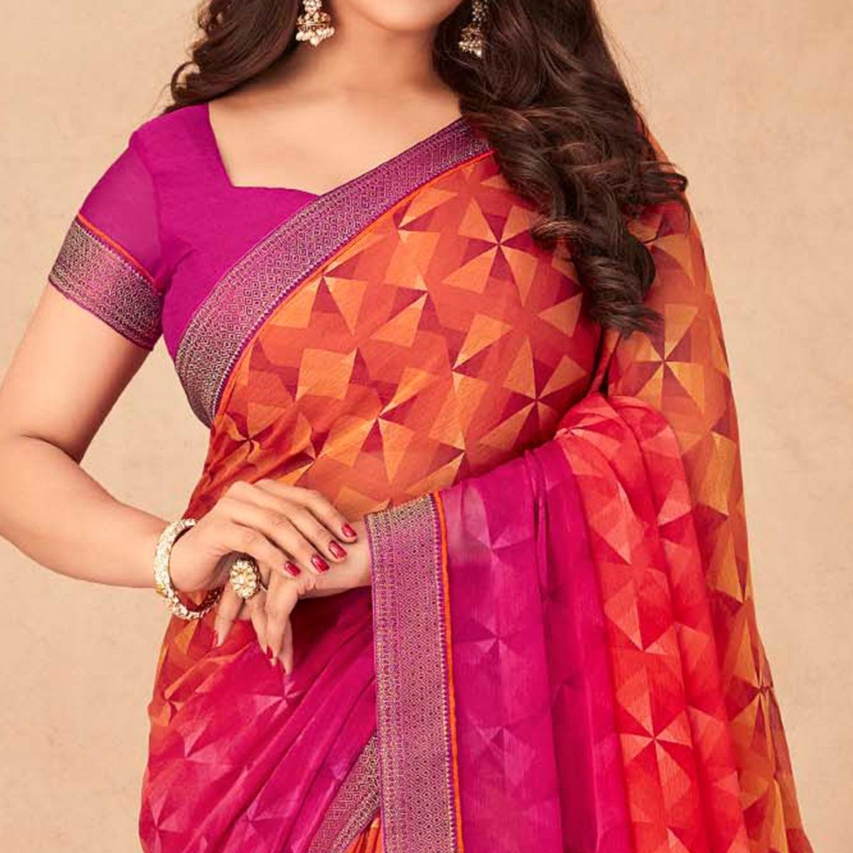 Rose Pink & Orange Geometric Printed Chiffon Saree - Peachmode