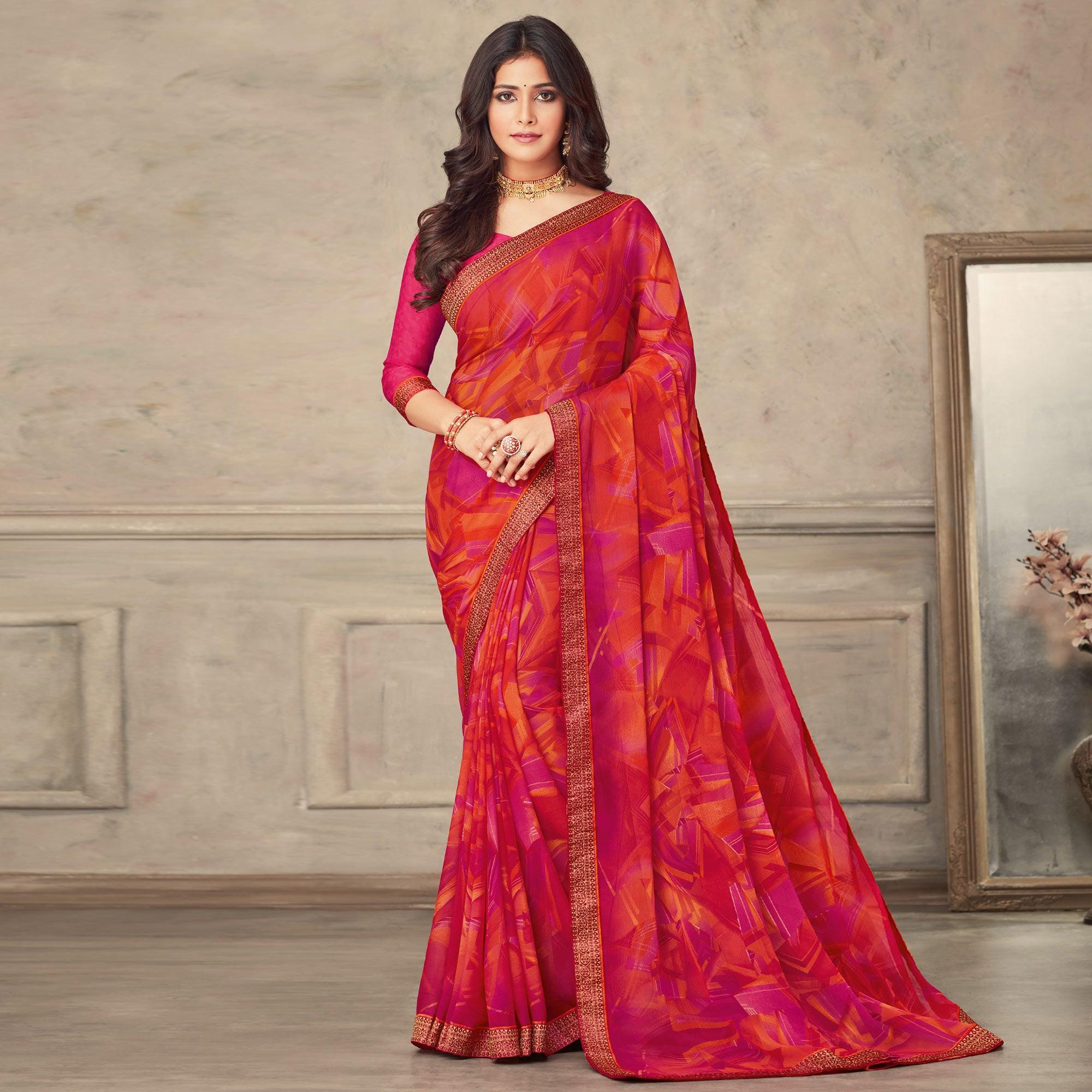 Rose Pink & Orange Printed Chiffon Saree - Peachmode