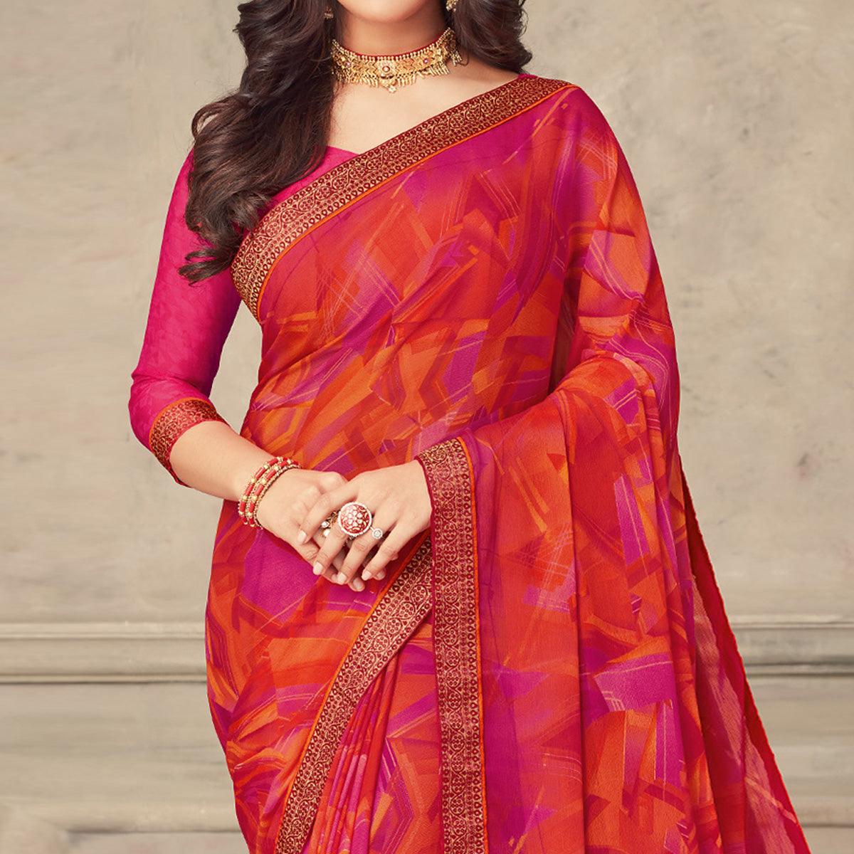 Rose Pink & Orange Printed Chiffon Saree - Peachmode