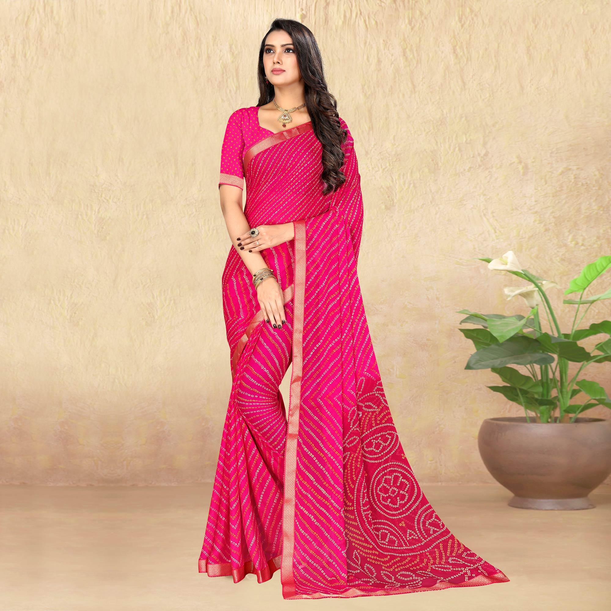 Rose Pink Bandhani Printed Chiffon Saree - Peachmode