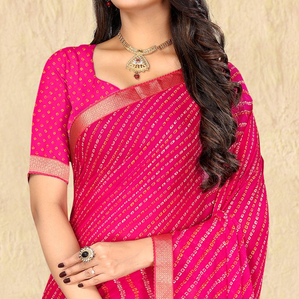 Rose Pink Bandhani Printed Chiffon Saree - Peachmode