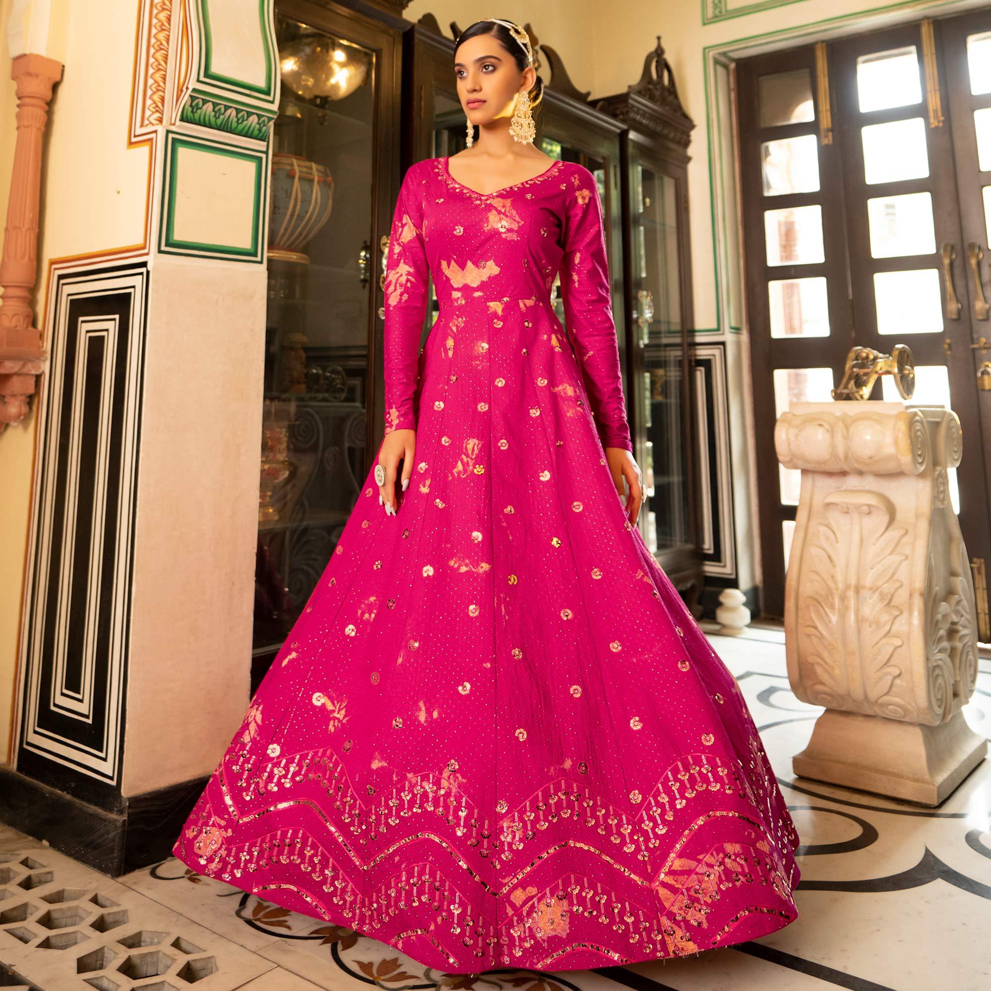 Rose Pink Digital Printed With Sequence Embroidered Poly Cotton Gown - Peachmode