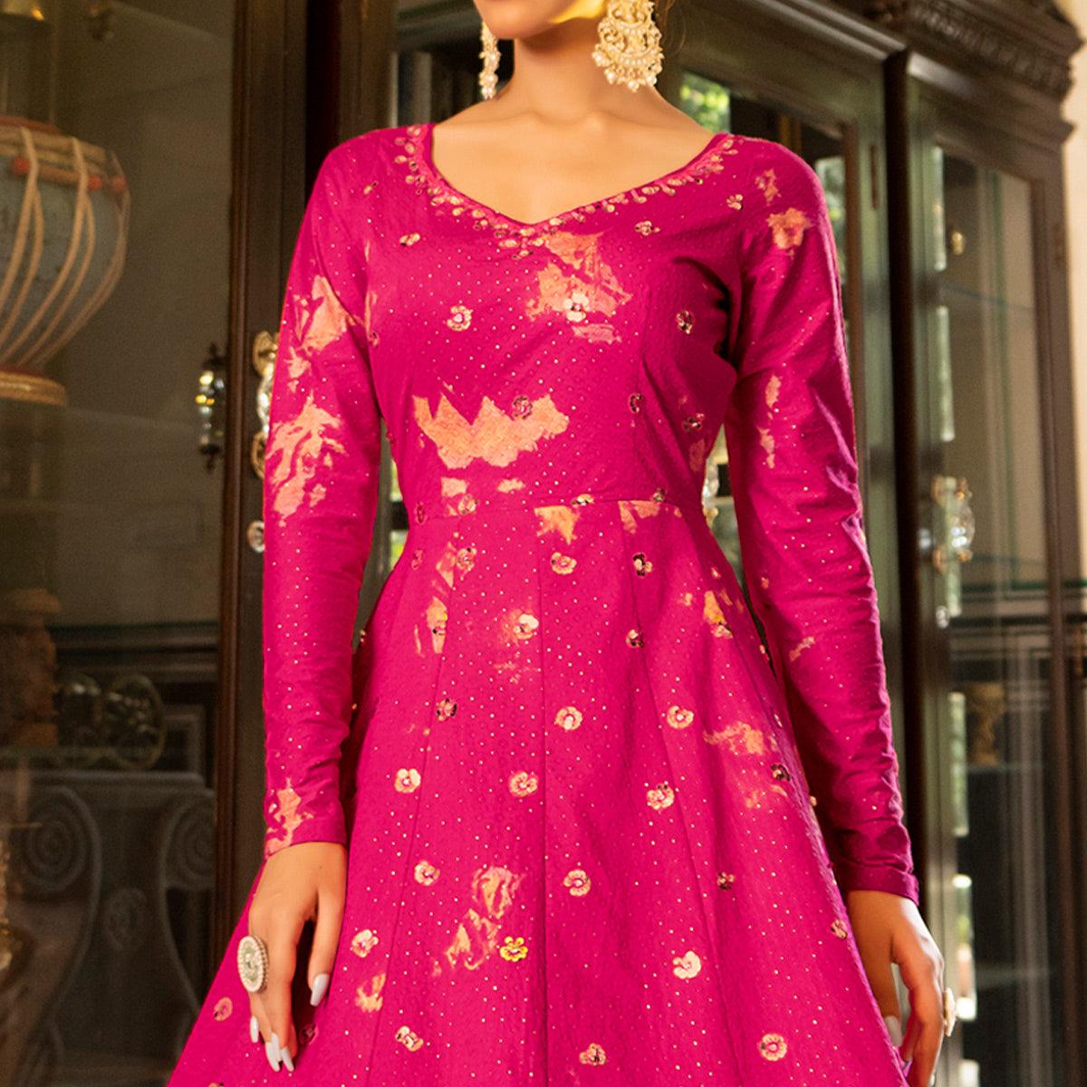 Rose Pink Digital Printed With Sequence Embroidered Poly Cotton Gown - Peachmode