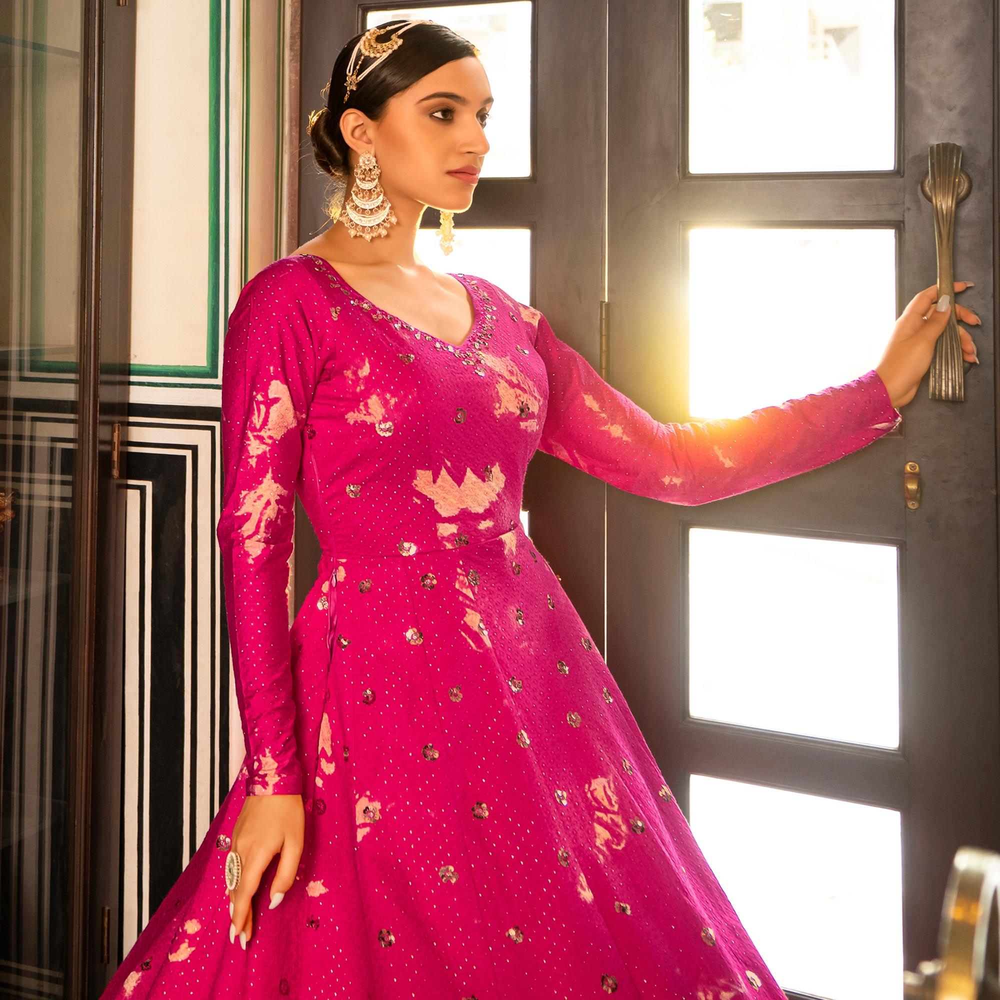 Rose Pink Digital Printed With Sequence Embroidered Poly Cotton Gown - Peachmode