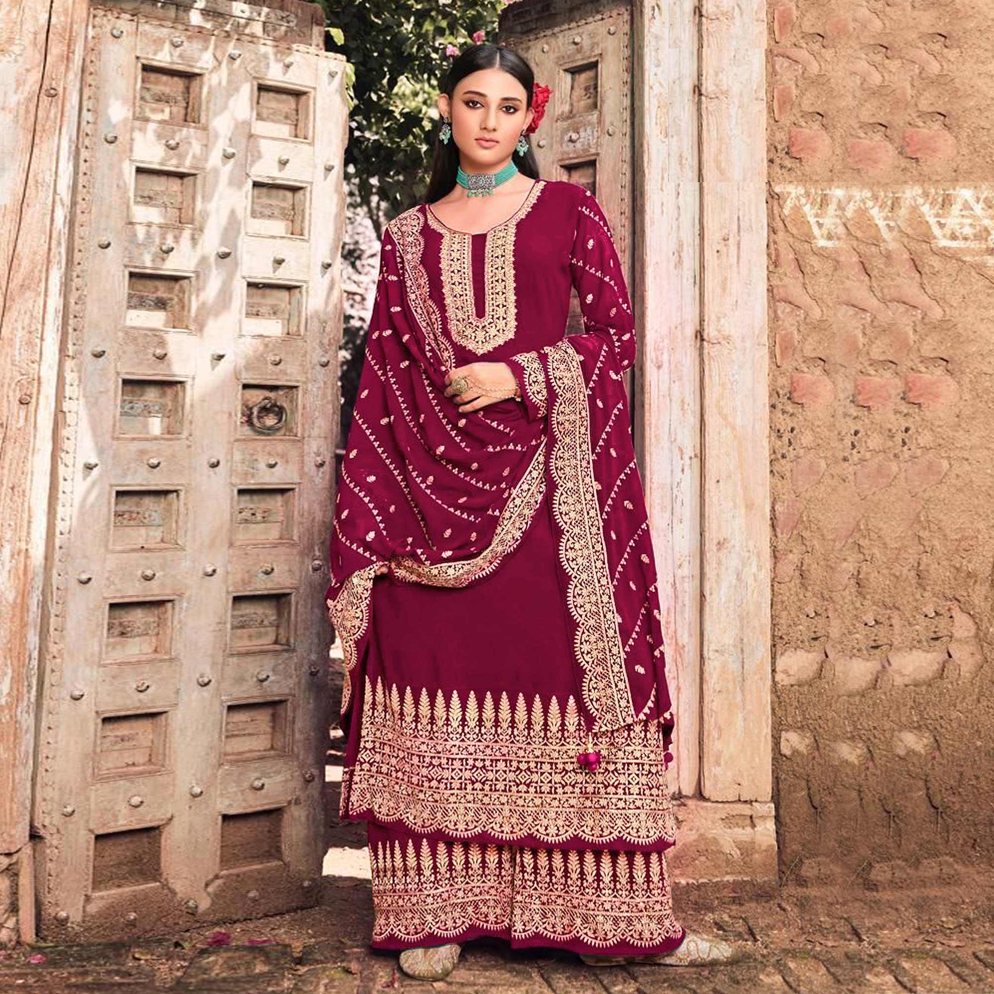 Rose Pink Embellished With Embroidered Georgette Palazzo Suit - Peachmode