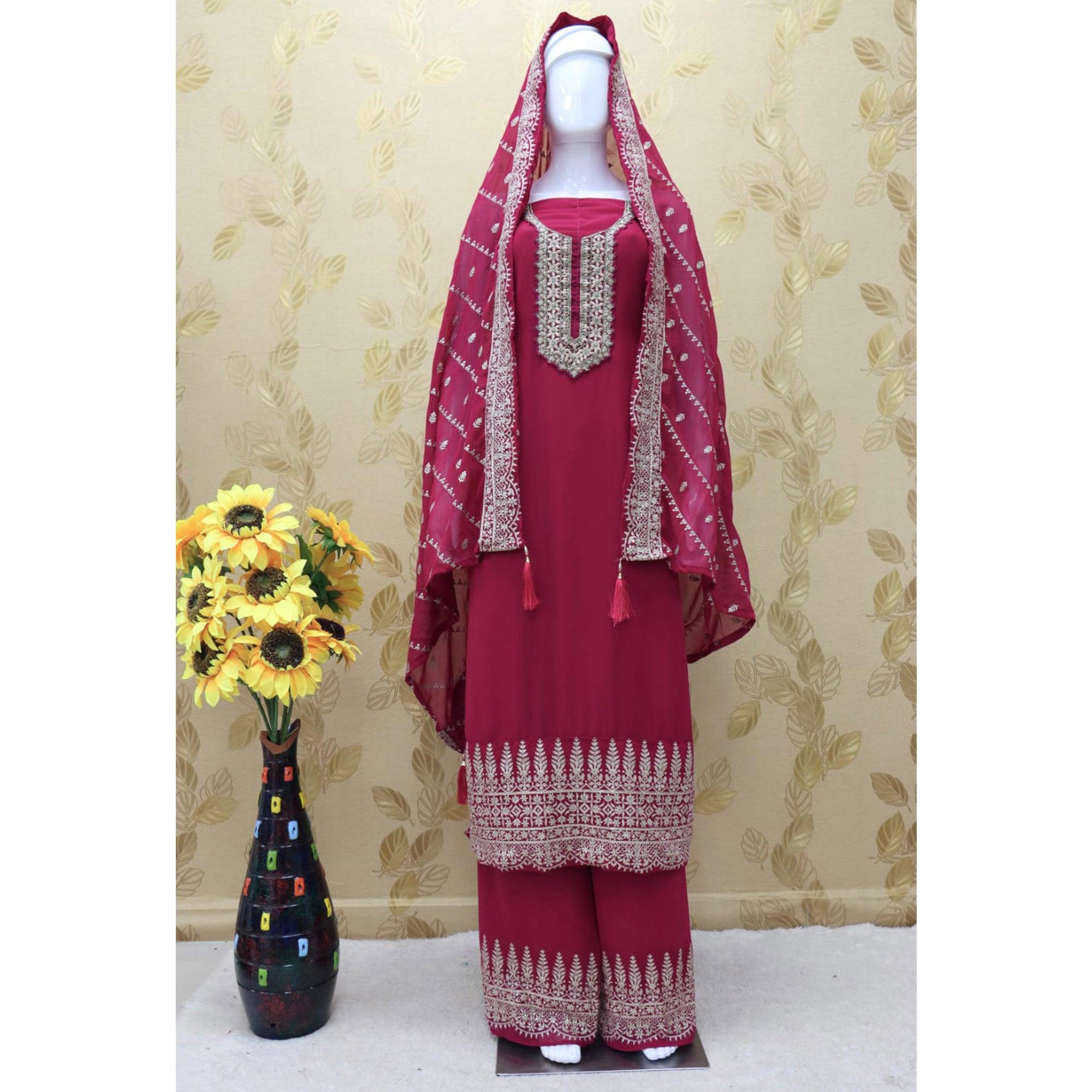 Rose Pink Embellished With Embroidered Georgette Palazzo Suit - Peachmode