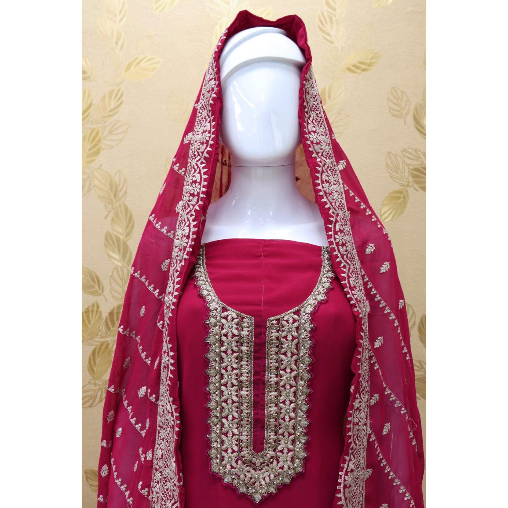 Rose Pink Embellished With Embroidered Georgette Palazzo Suit - Peachmode