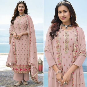 Rose Pink Embroidered Georgette Palazzo Suit - Peachmode
