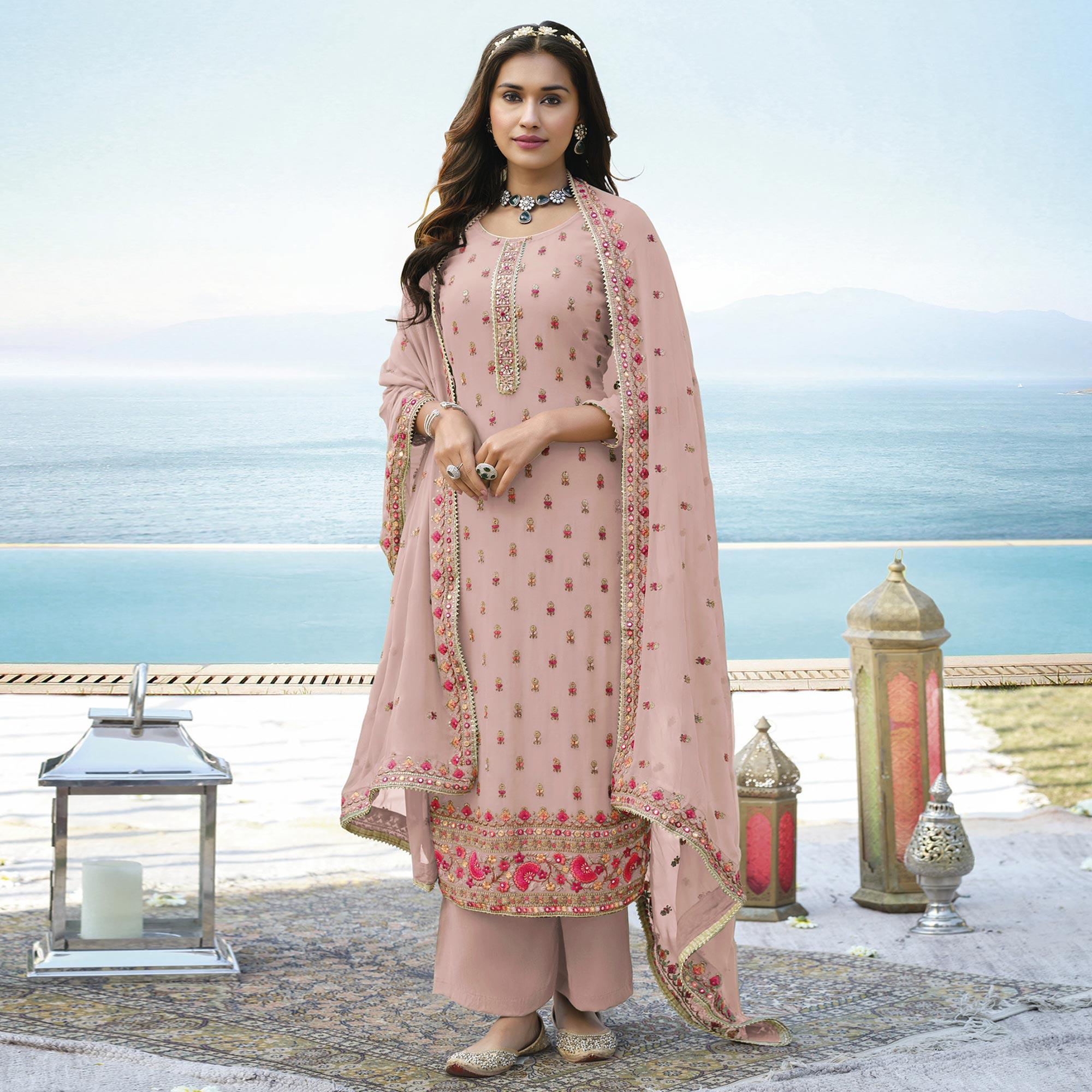Rose Pink Embroidered Georgette Palazzo Suit - Peachmode