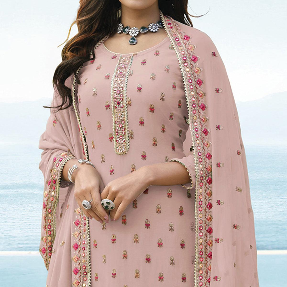 Rose Pink Embroidered Georgette Palazzo Suit - Peachmode