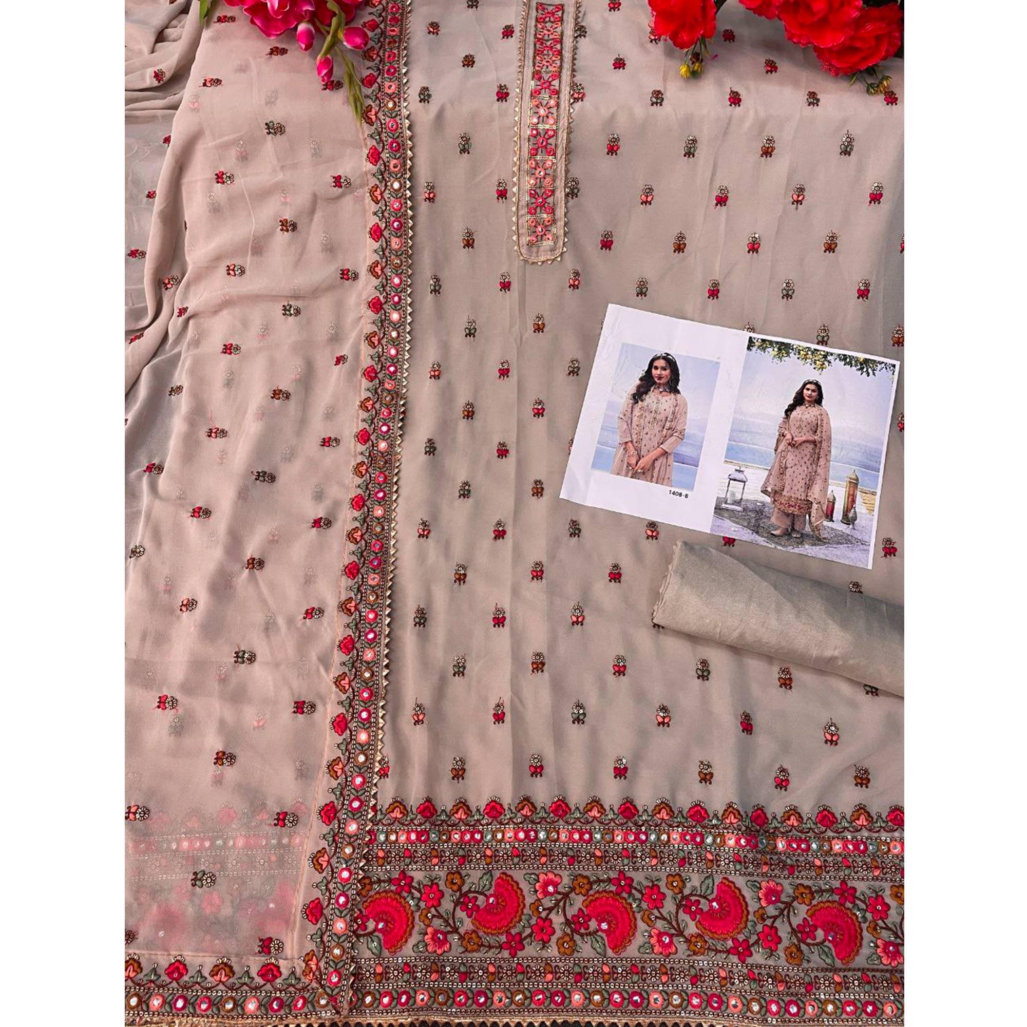 Rose Pink Embroidered Georgette Palazzo Suit - Peachmode