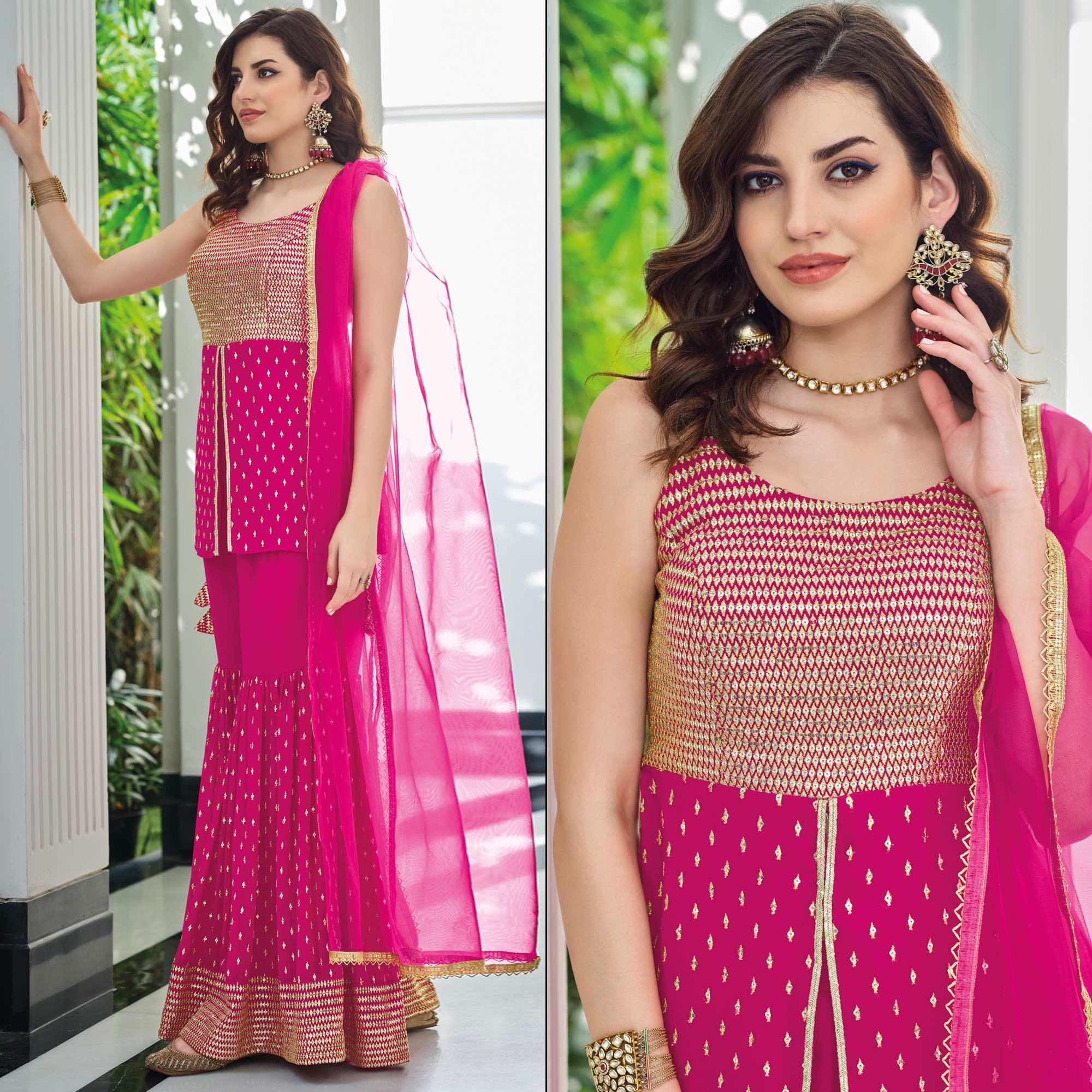 Rose Pink Embroidered Georgette Sharara Suit - Peachmode