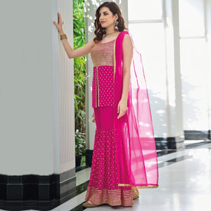 Rose Pink Embroidered Georgette Sharara Suit - Peachmode