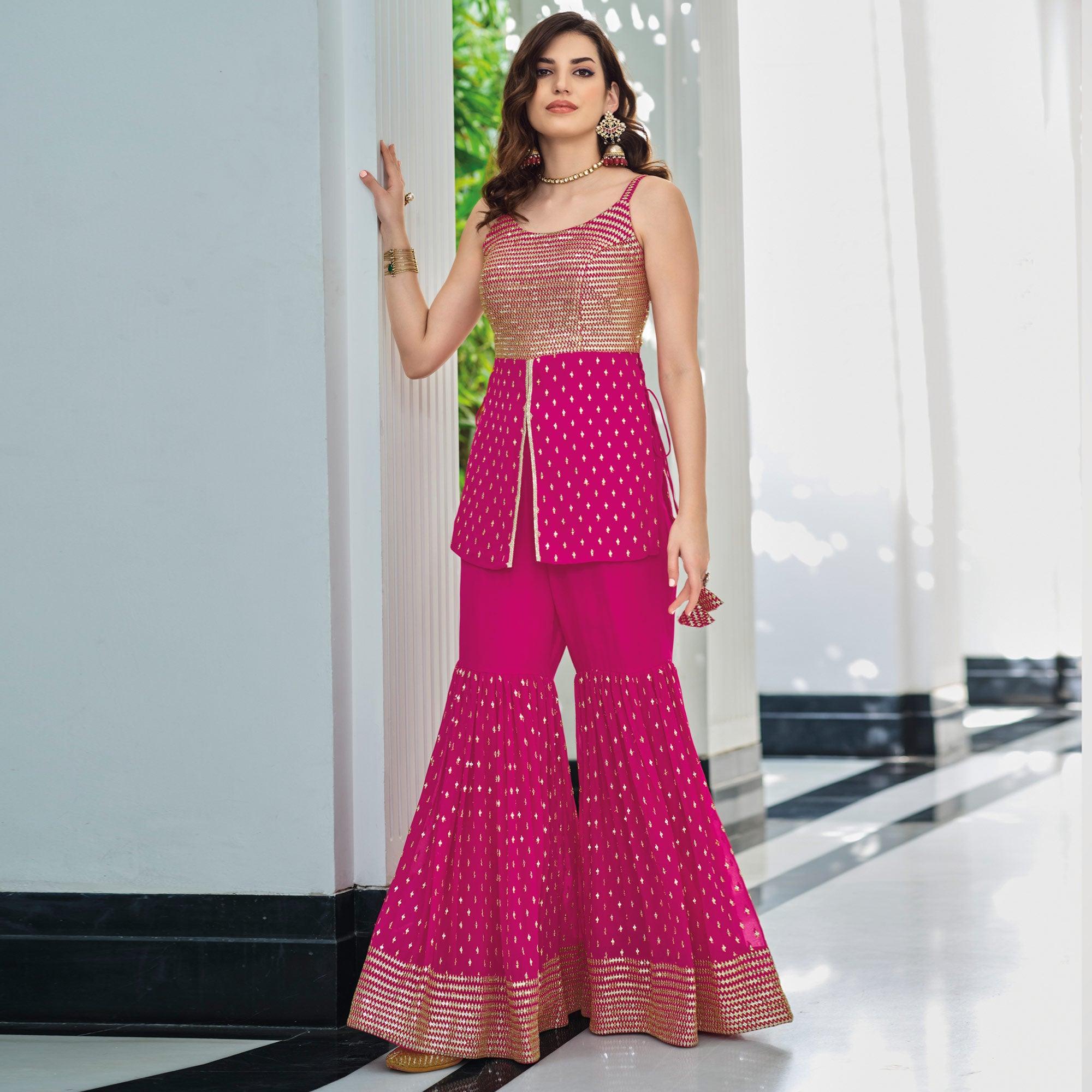 Rose Pink Embroidered Georgette Sharara Suit - Peachmode