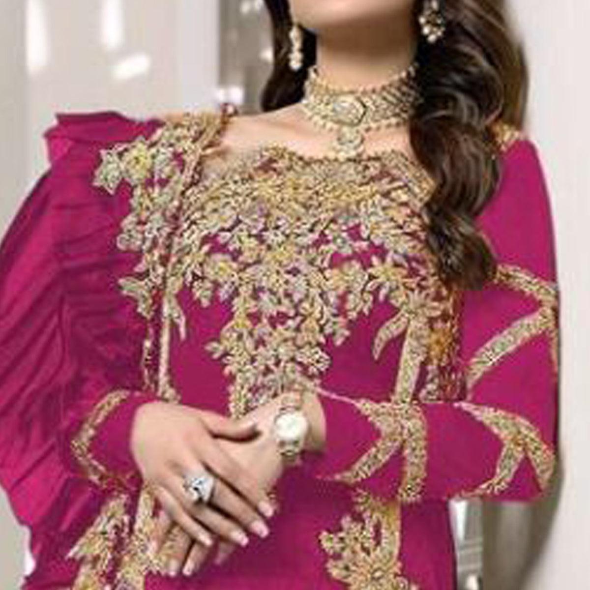 Rose Pink Embroidered Resham Work Georgette Pakistani Suit - Peachmode