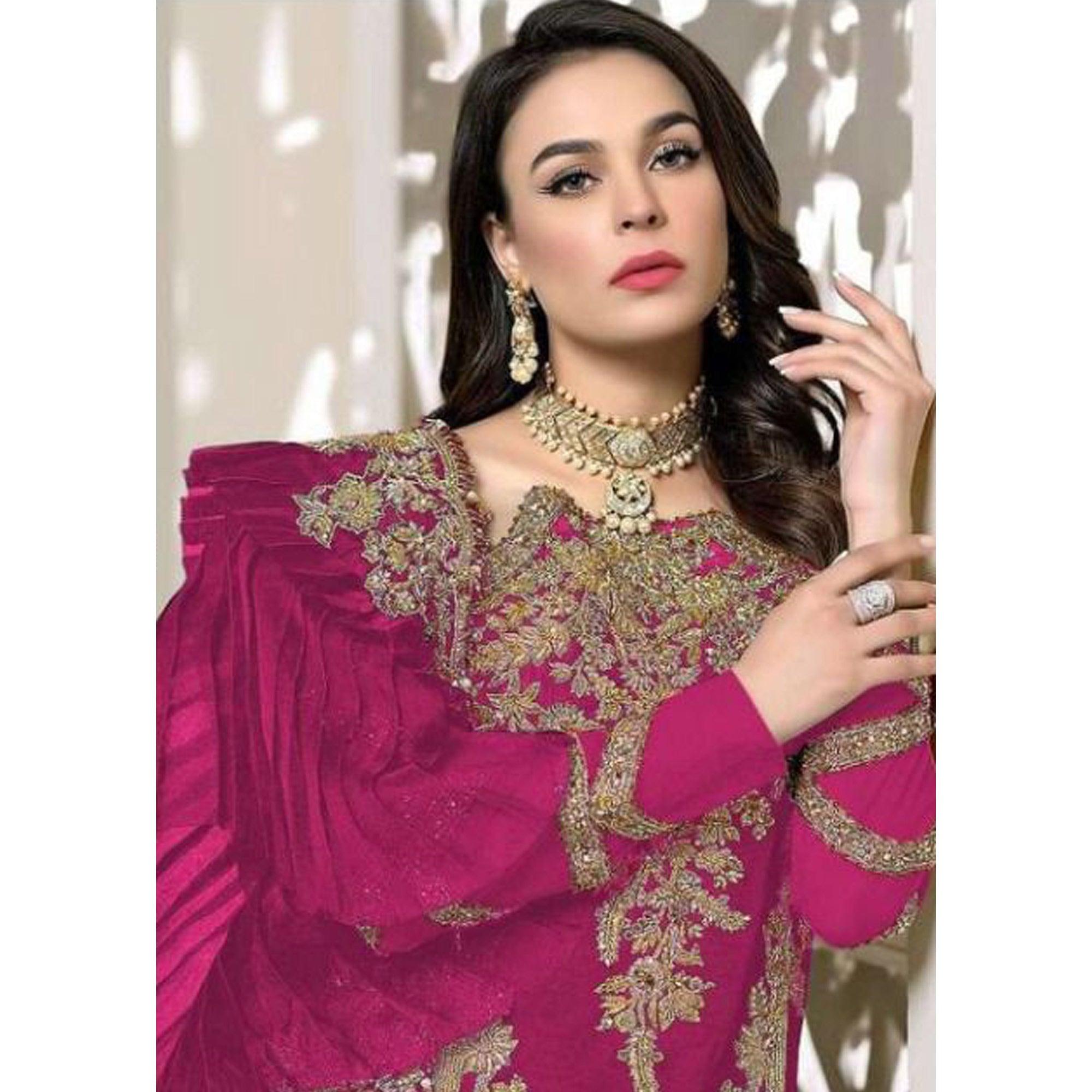 Rose Pink Embroidered Resham Work Georgette Pakistani Suit - Peachmode