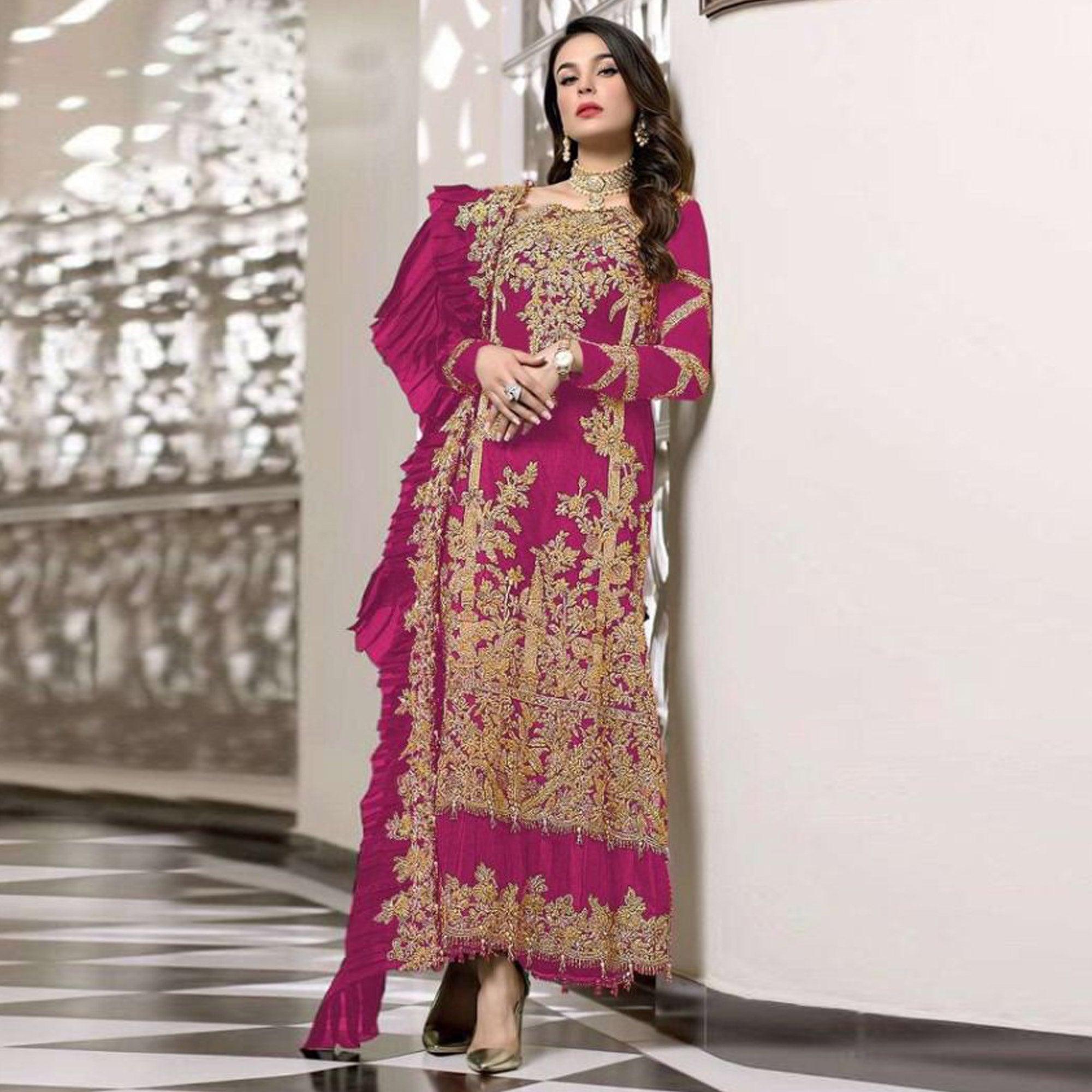 Rose Pink Embroidered Resham Work Georgette Pakistani Suit - Peachmode
