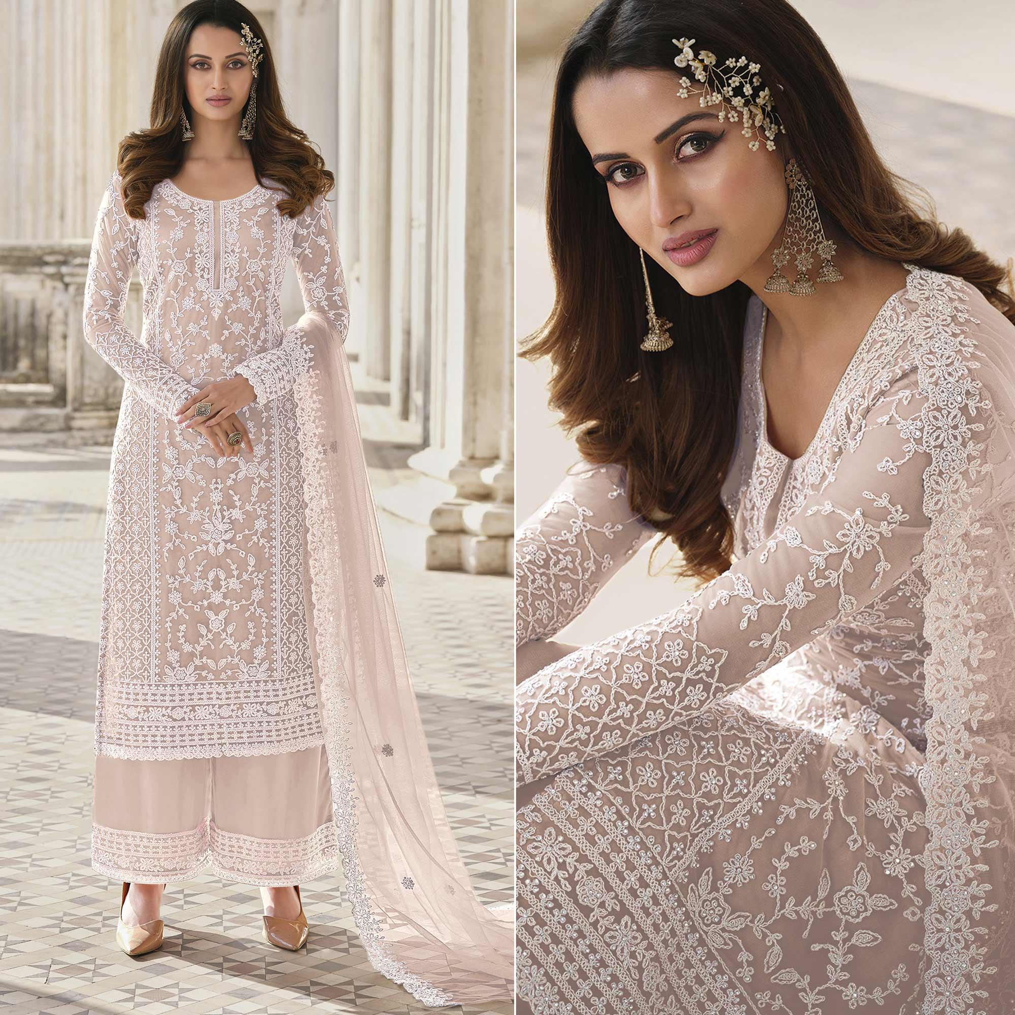 Rose Pink Embroidered With Embellished Net Palazzo Suit - Peachmode