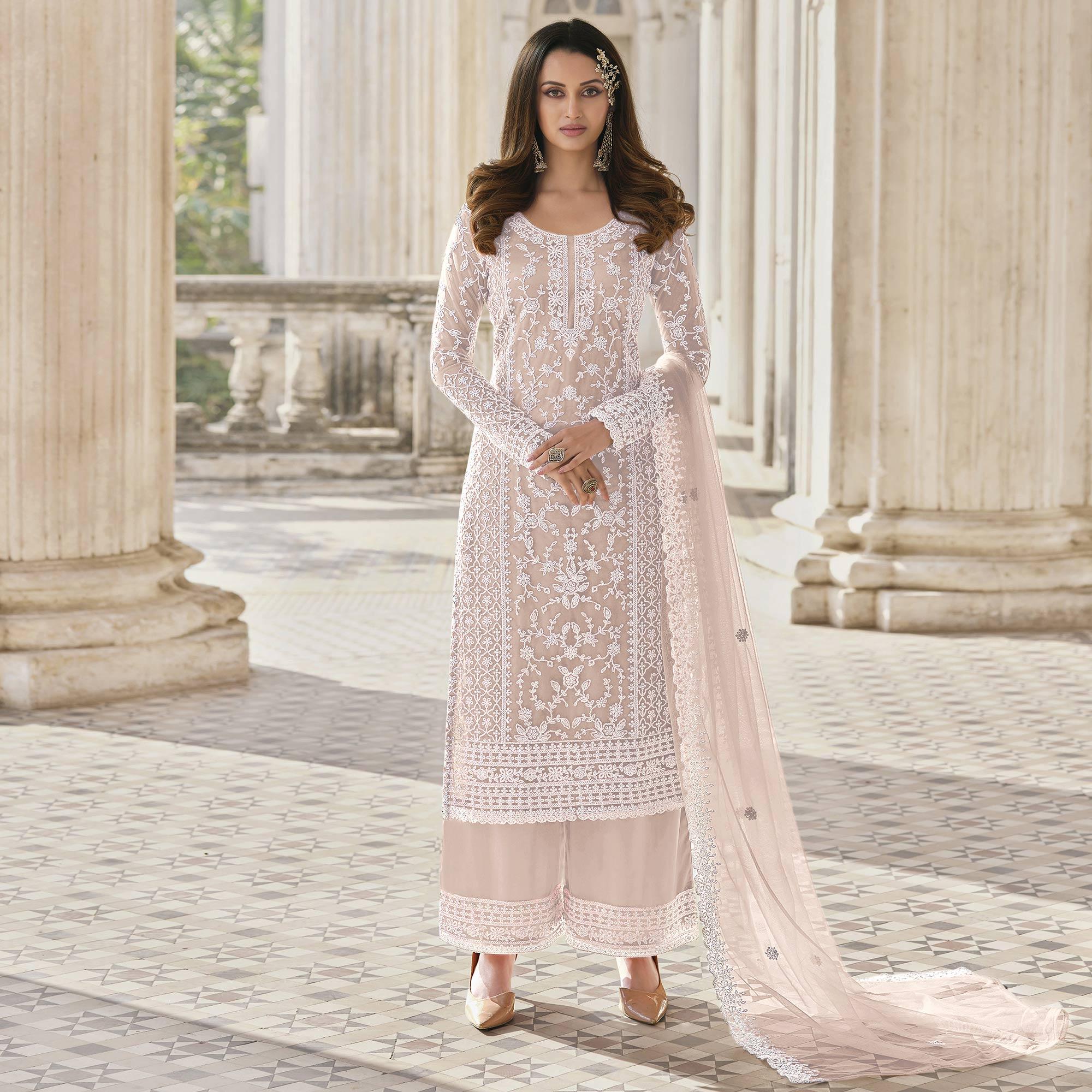 Rose Pink Embroidered With Embellished Net Palazzo Suit - Peachmode