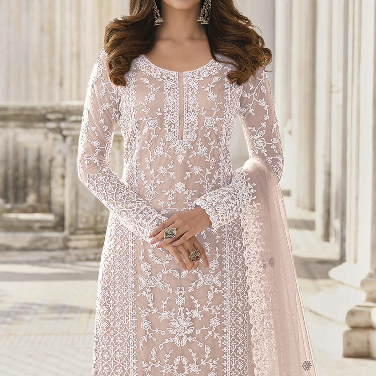 Rose Pink Embroidered With Embellished Net Palazzo Suit - Peachmode