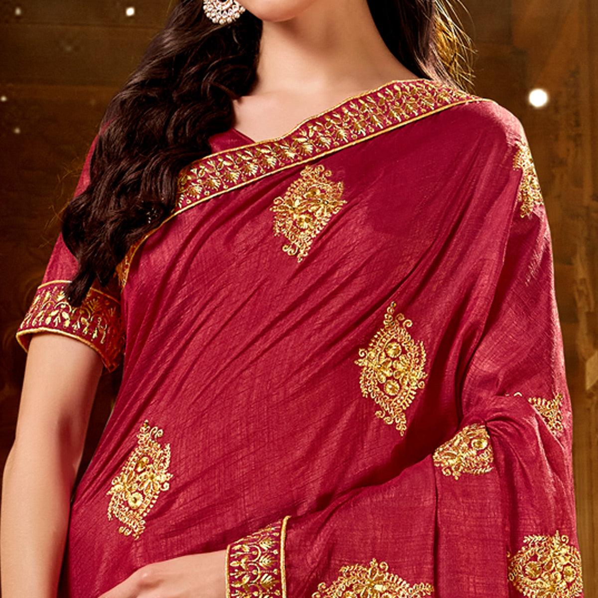 Rose Pink Embroidered With Embellished Vichitra Silk Saree - Peachmode