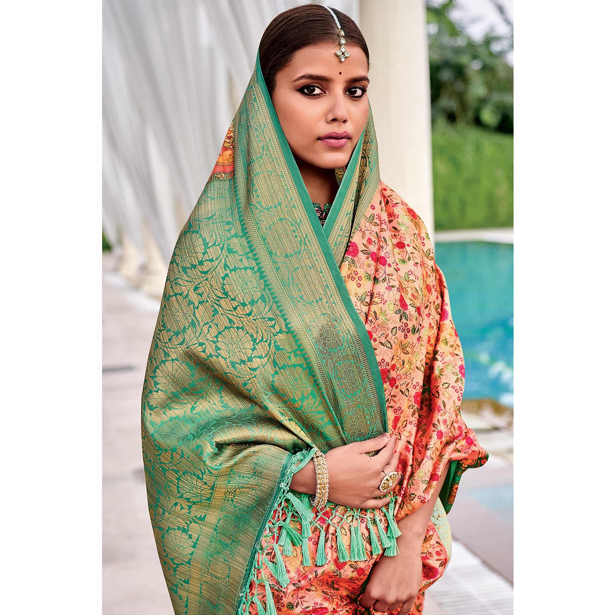 Rose Pink Festive Wear Digital Printed Woven Silk Saree - Peachmode
