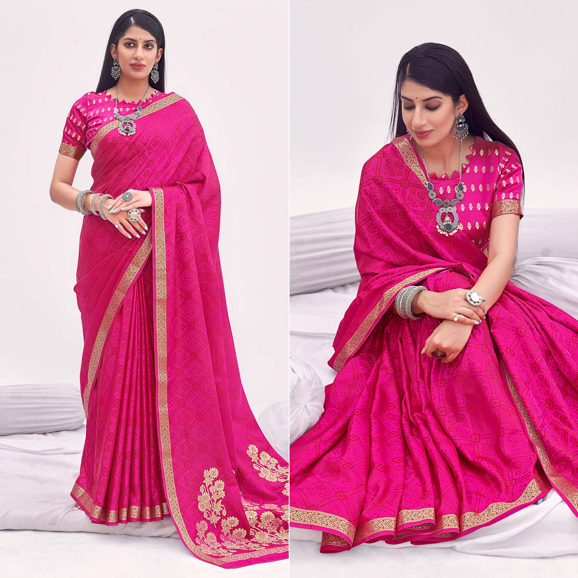 Rose Pink Festive Wear Floral Woven Silk Saree - Peachmode