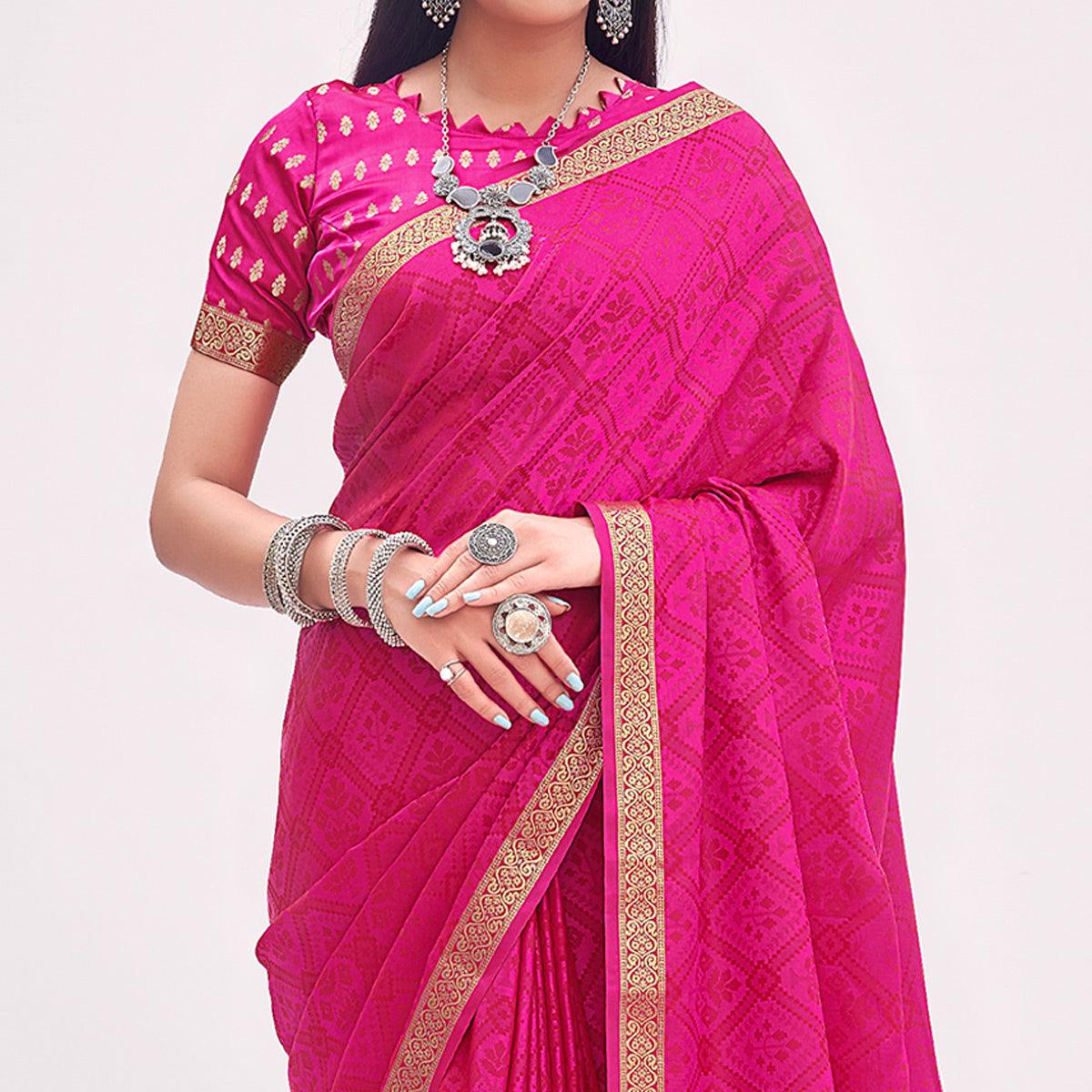 Rose Pink Festive Wear Floral Woven Silk Saree - Peachmode