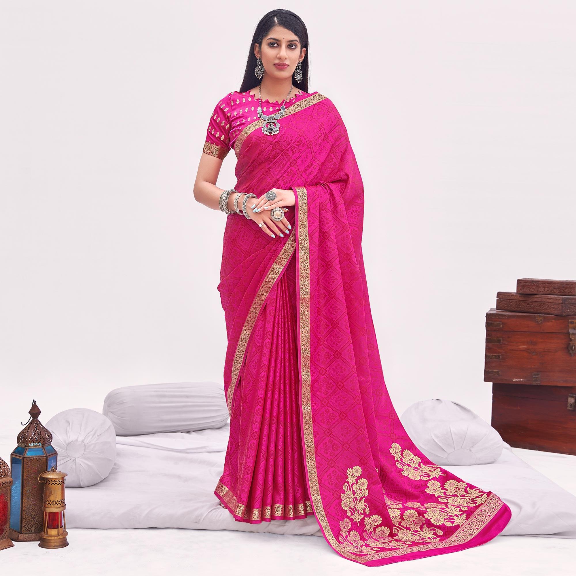 Rose Pink Festive Wear Floral Woven Silk Saree - Peachmode