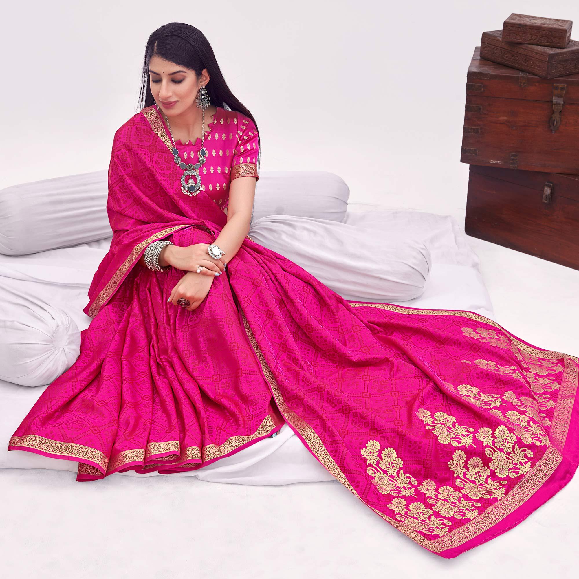 Rose Pink Festive Wear Floral Woven Silk Saree - Peachmode