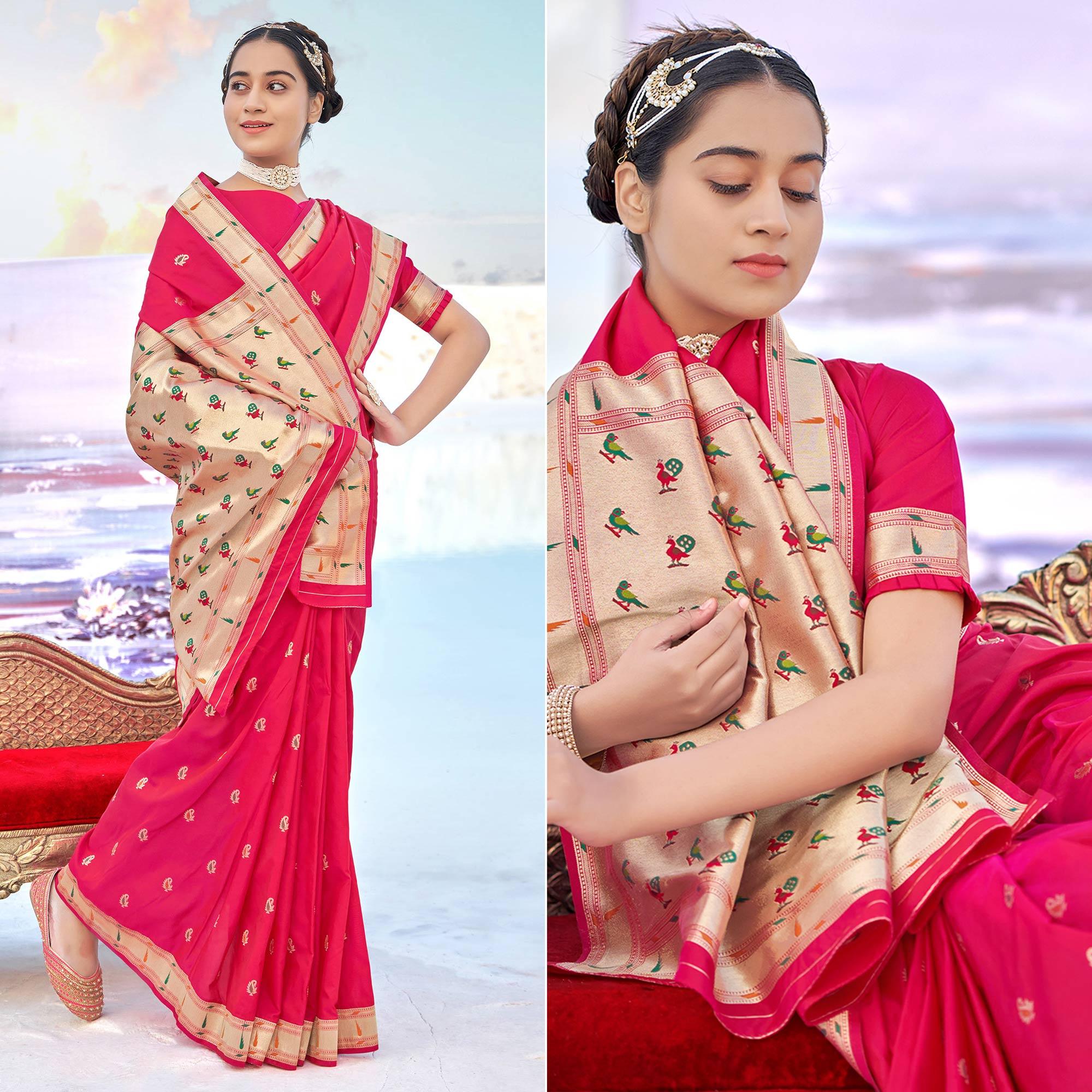 Rose pink Festive Wear Woven Banarasi Silk Saree - Peachmode