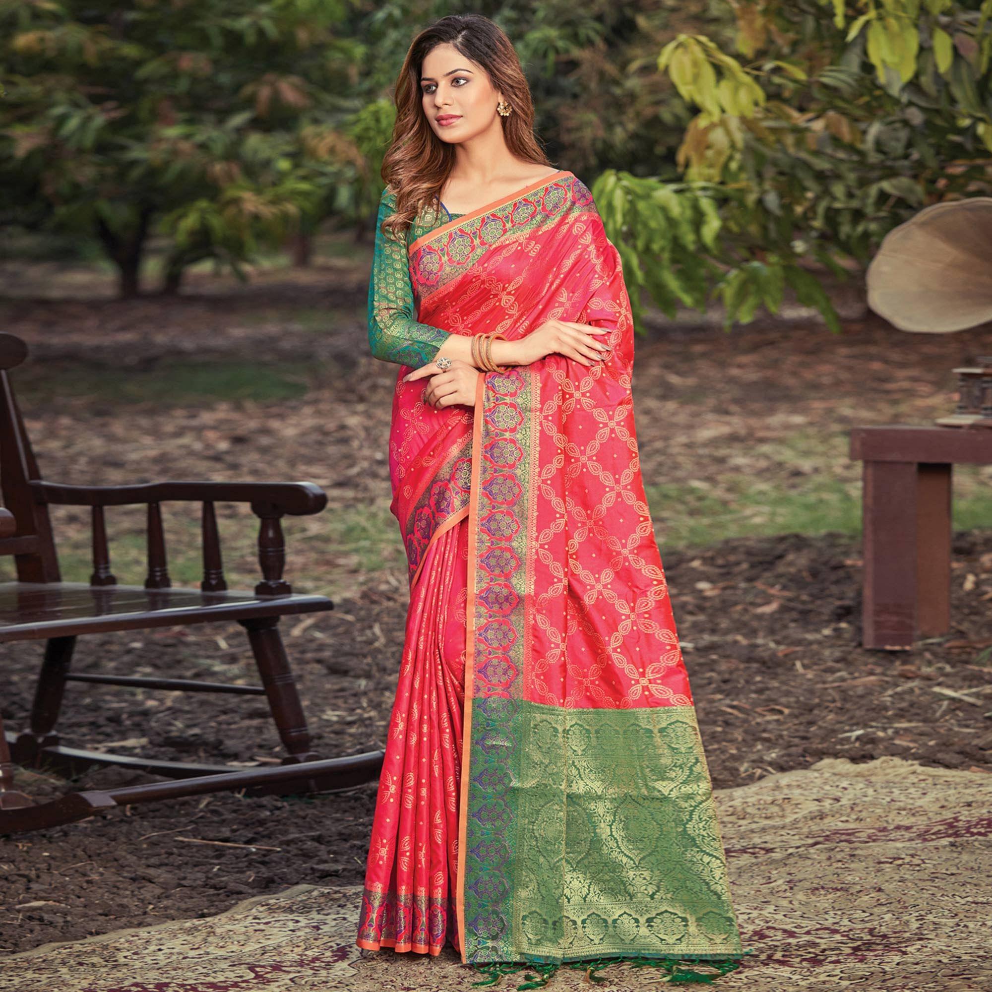 Rose Pink Festive Wear Woven Banarasi Silk Saree - Peachmode