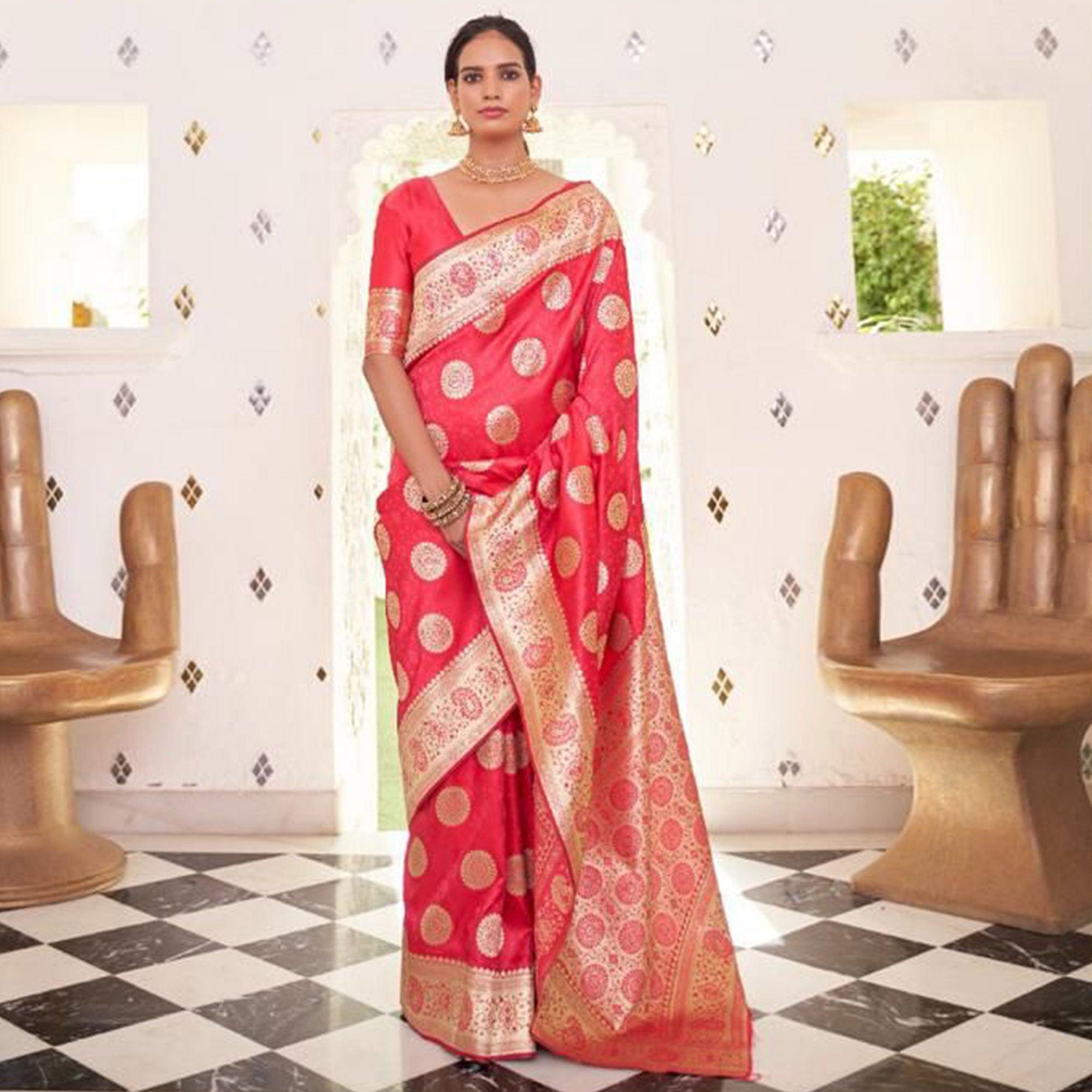Rose Pink Festive Wear Woven Banarasi Silk Saree - Peachmode