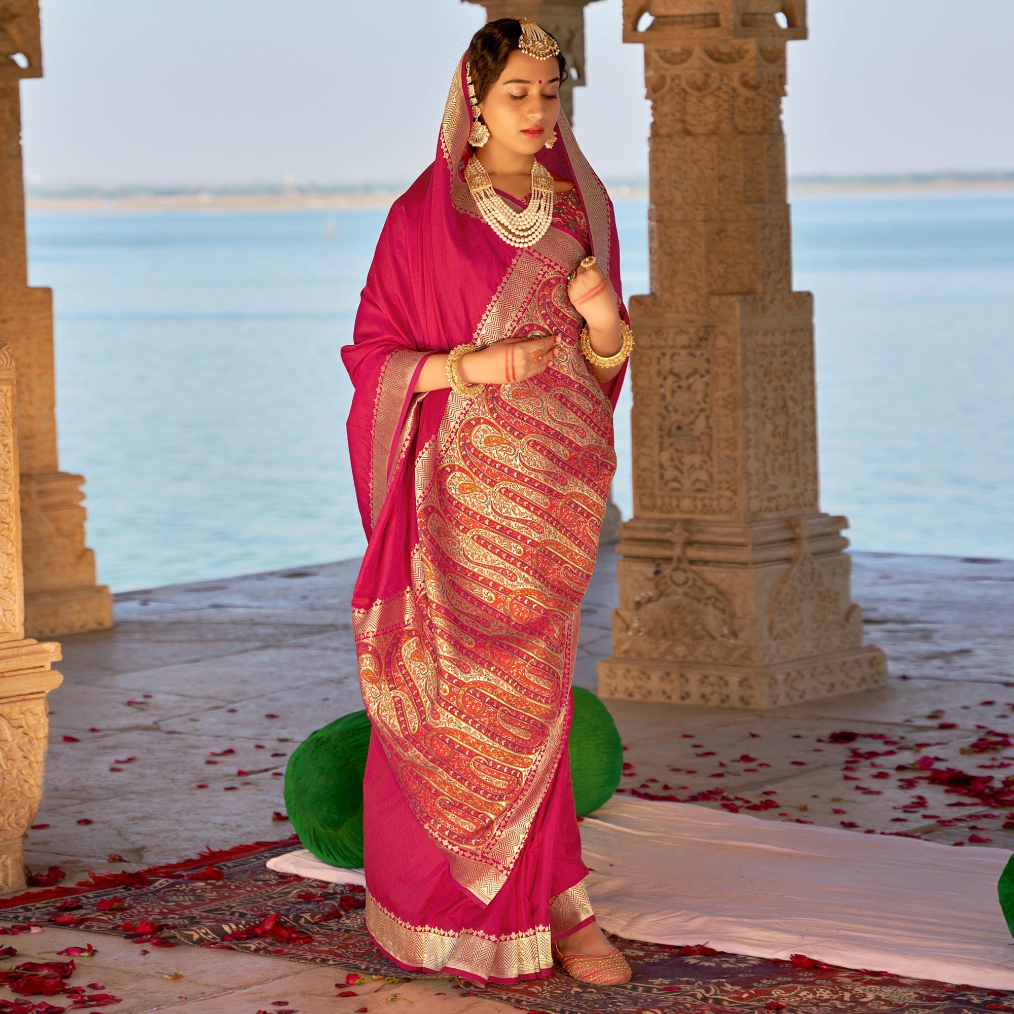 Rose Pink Festive Wear Woven Banarasi Silk Saree - Peachmode