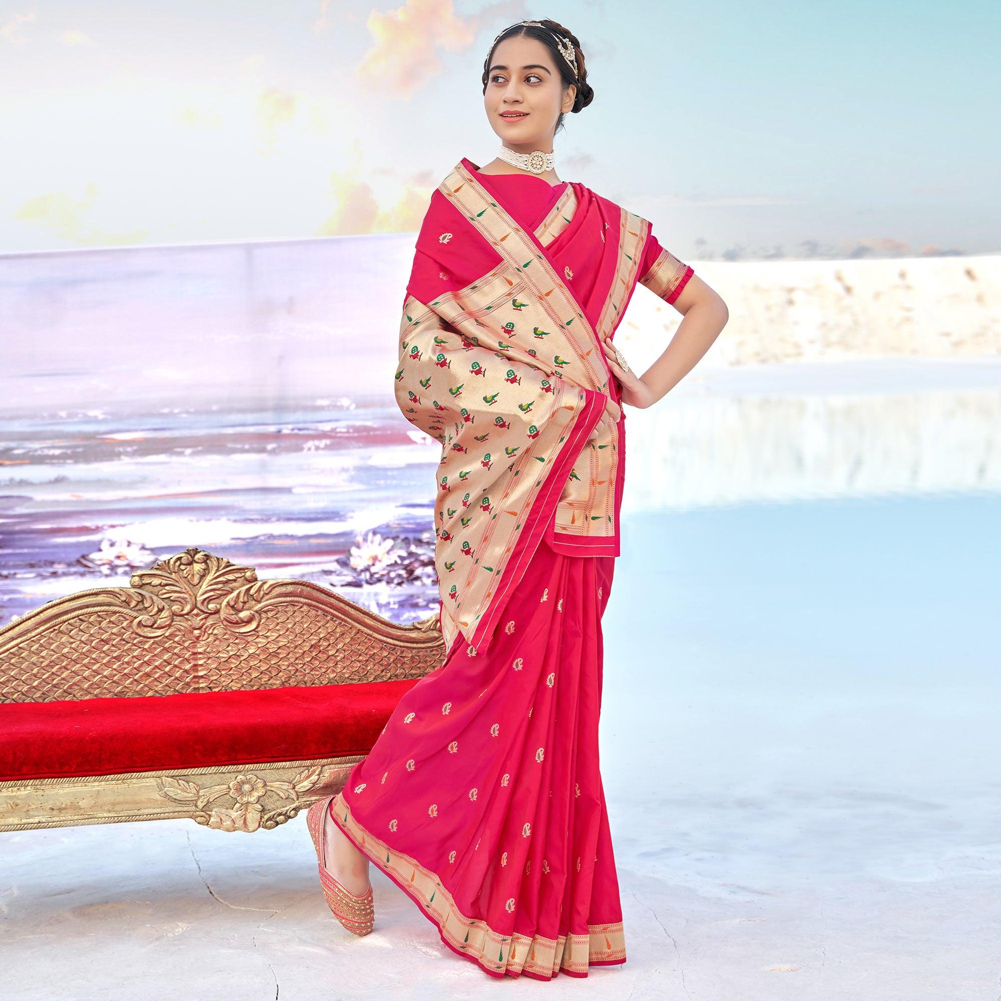 Rose pink Festive Wear Woven Banarasi Silk Saree - Peachmode