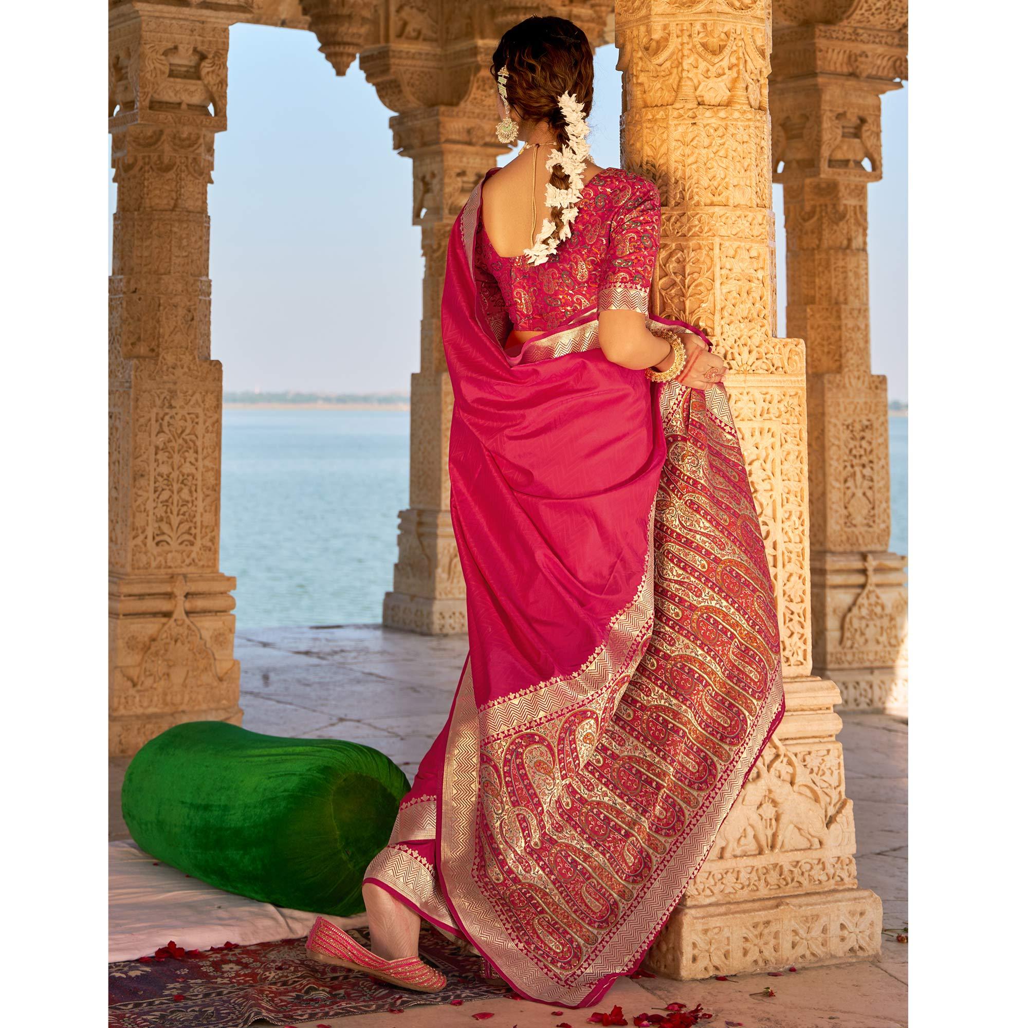 Rose Pink Festive Wear Woven Banarasi Silk Saree - Peachmode
