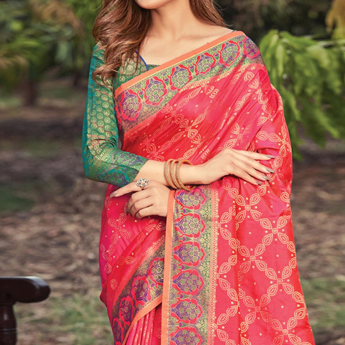 Rose Pink Festive Wear Woven Banarasi Silk Saree - Peachmode