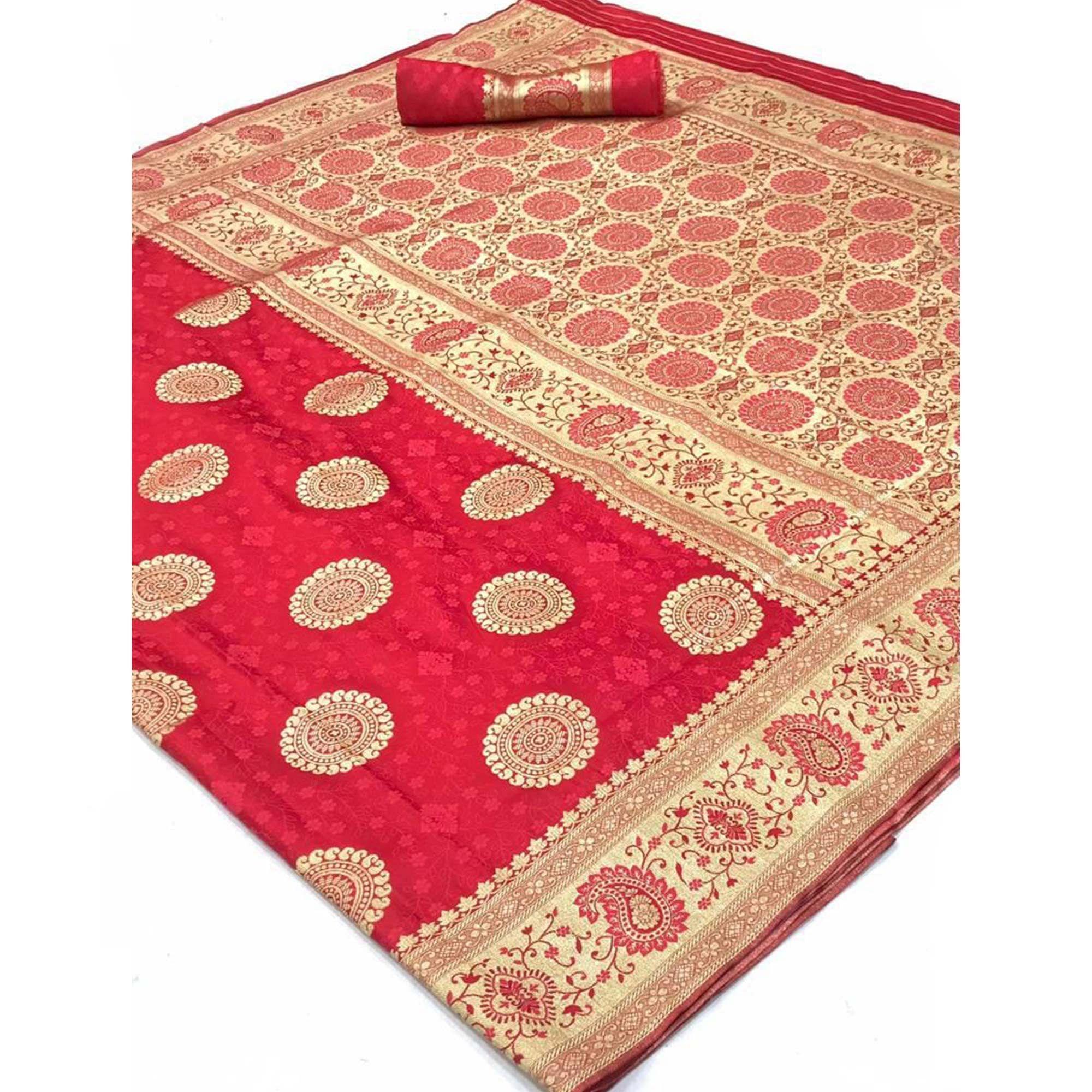 Rose Pink Festive Wear Woven Banarasi Silk Saree - Peachmode