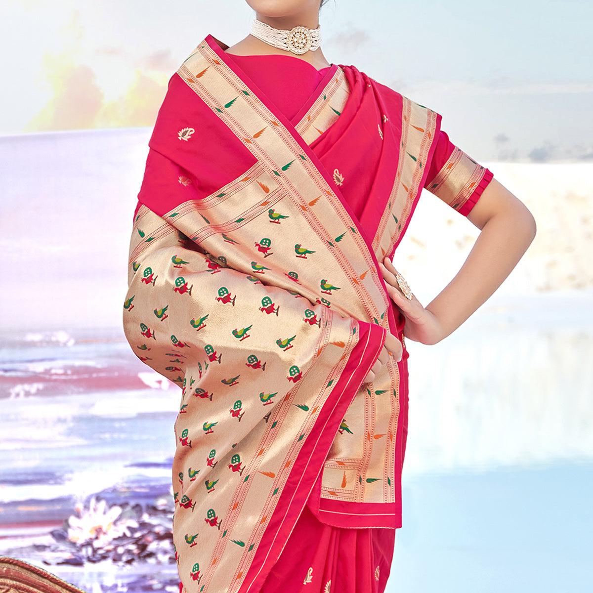 Rose pink Festive Wear Woven Banarasi Silk Saree - Peachmode