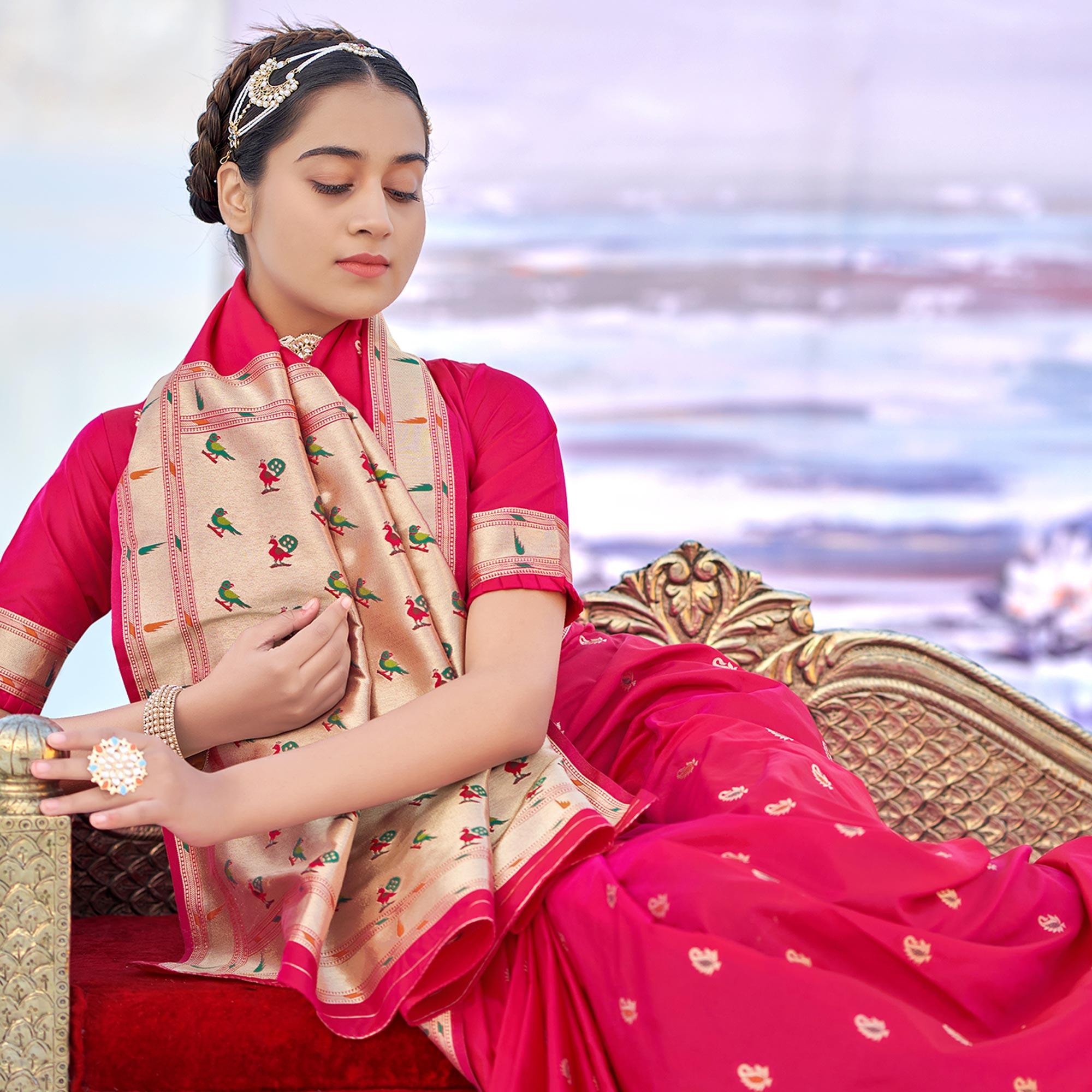Rose pink Festive Wear Woven Banarasi Silk Saree - Peachmode