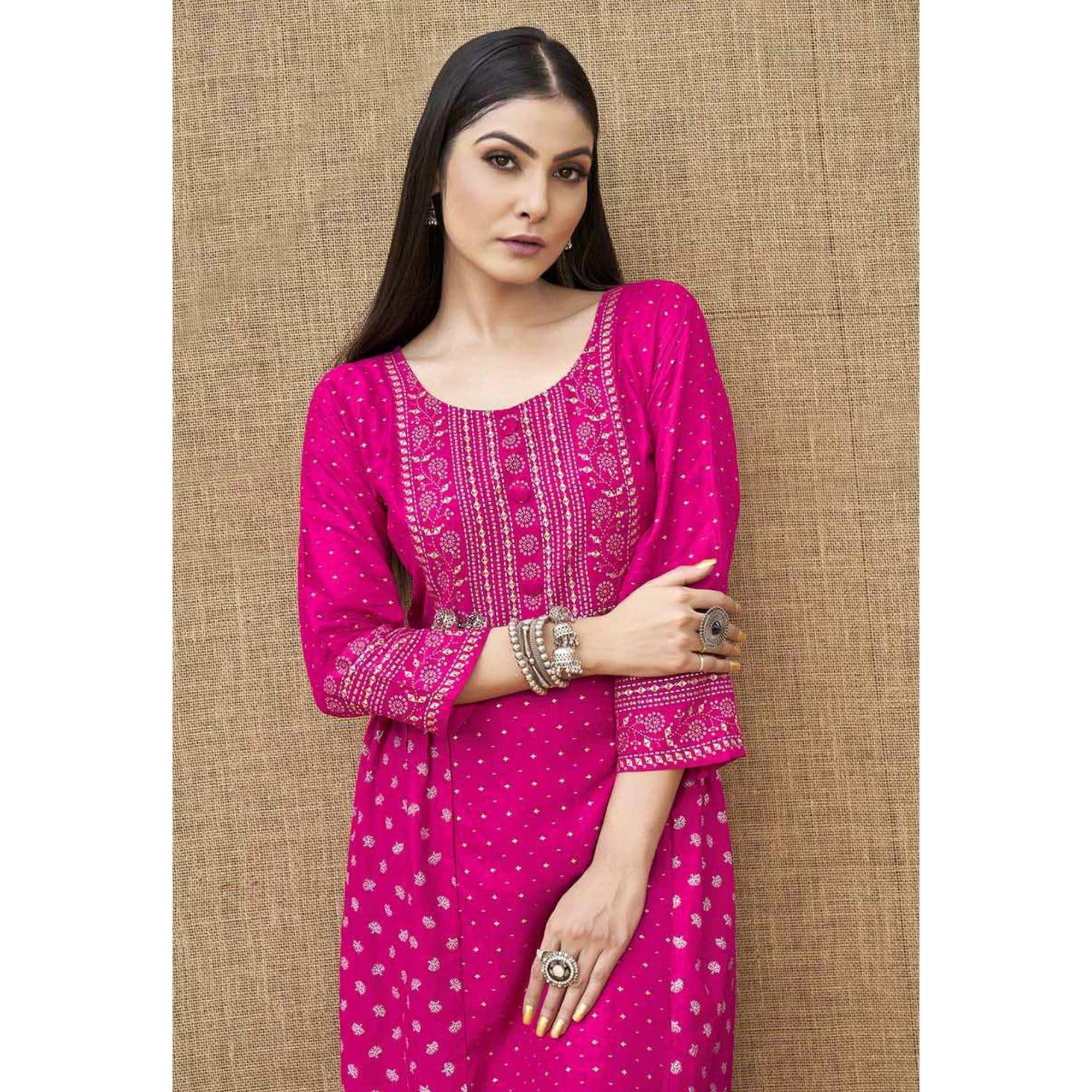 Rose Pink Foil Printed Rayon Kurti - Peachmode