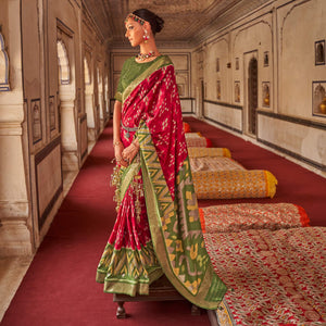 Rose Pink Ikkat Printed-Woven Patola Art Silk Saree - Peachmode