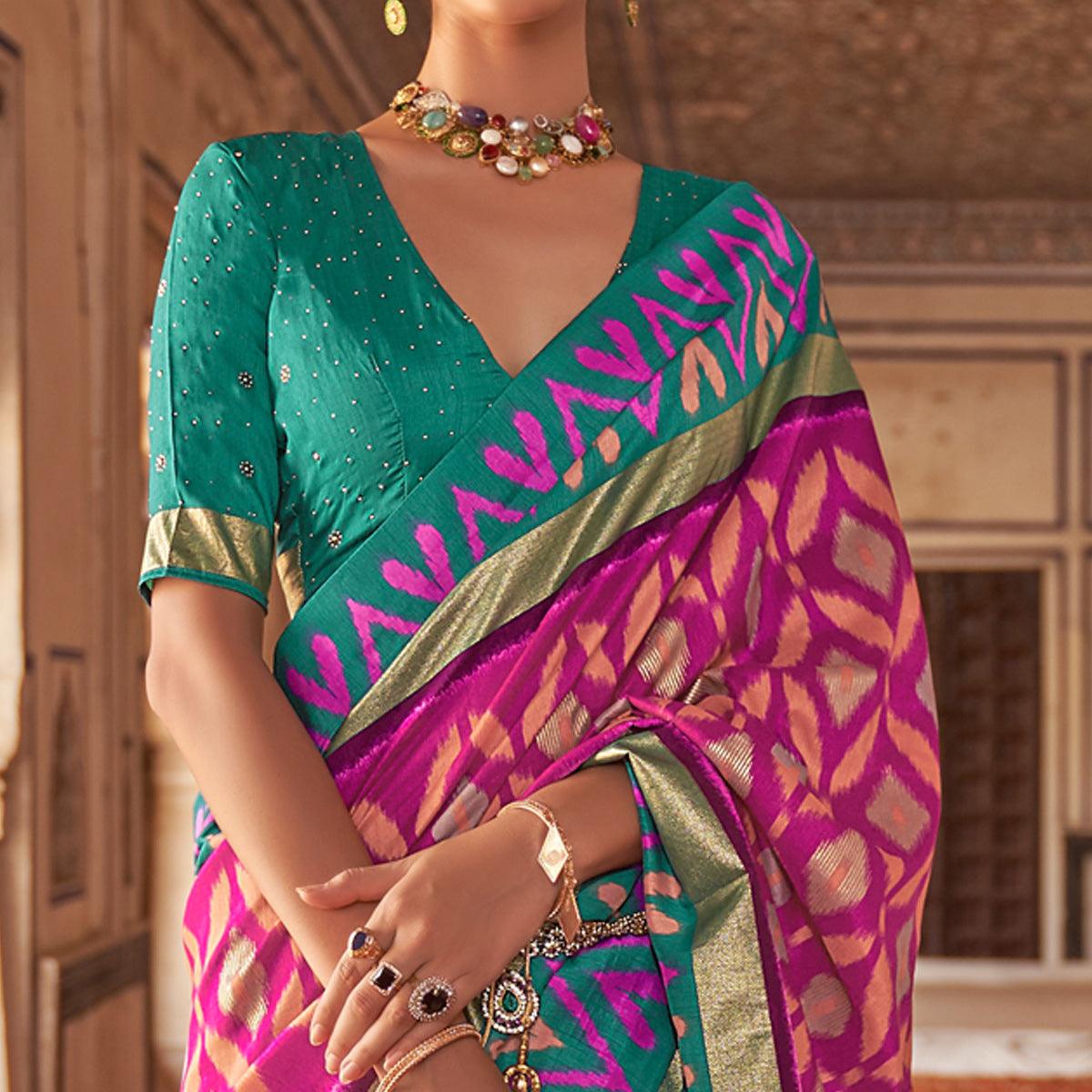 Rose Pink Ikkat Printed-Woven Patola Art Silk Saree - Peachmode