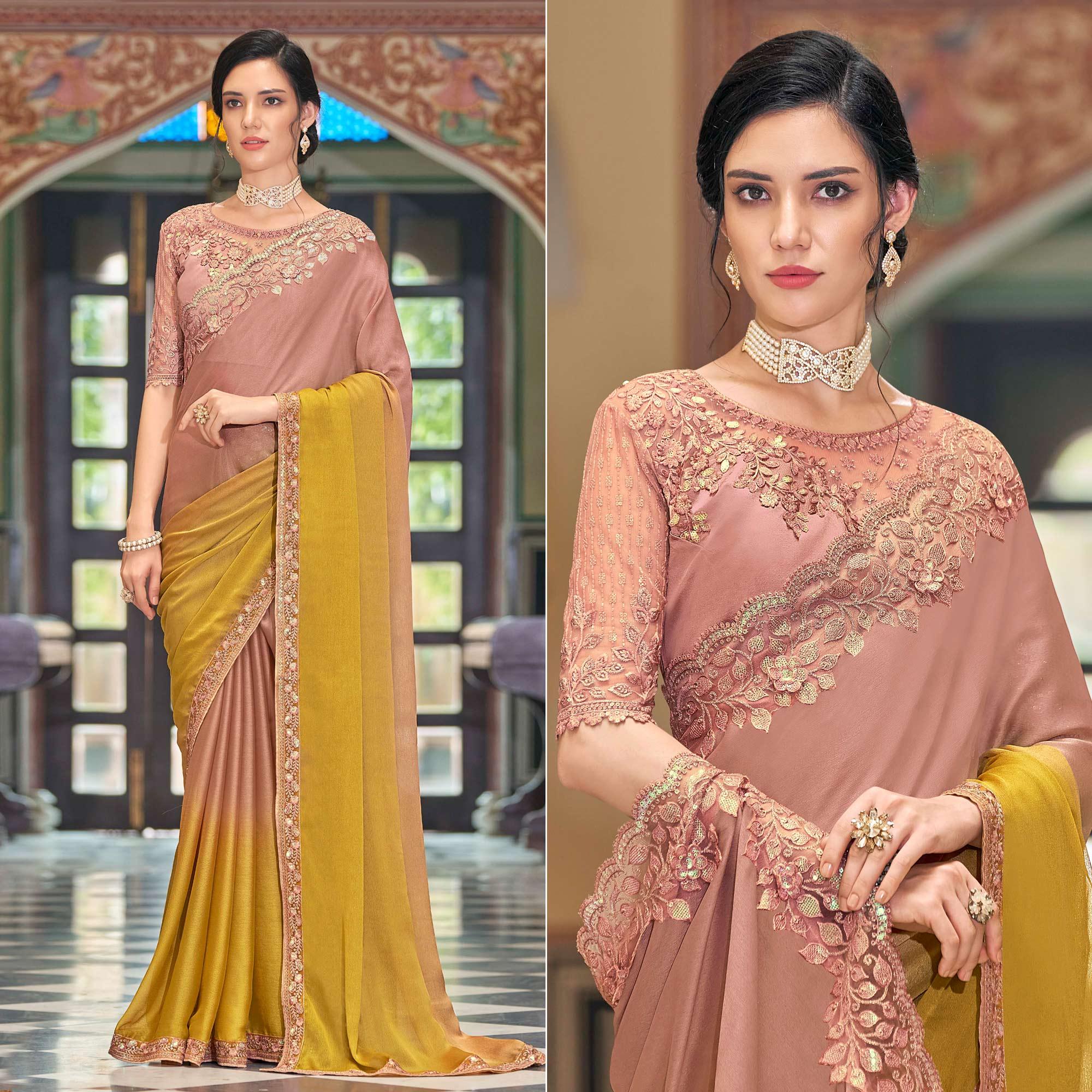 Rose Pink - Mustard Floral Sequence Embroidered Art Silk Saree - Peachmode