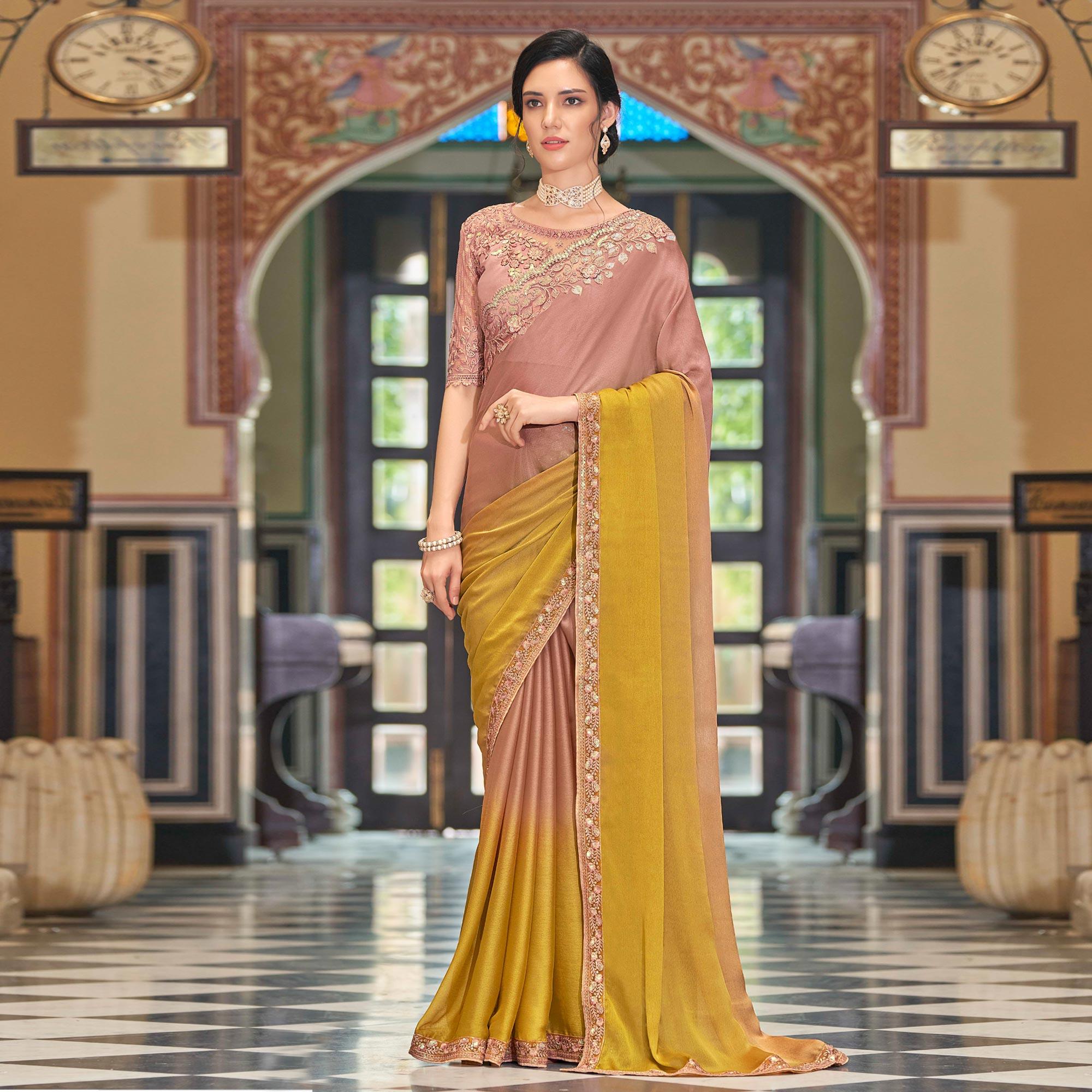 Rose Pink - Mustard Floral Sequence Embroidered Art Silk Saree - Peachmode