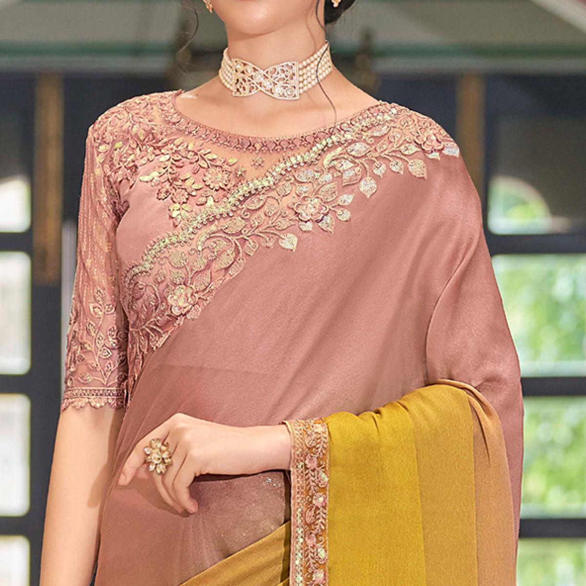 Rose Pink - Mustard Floral Sequence Embroidered Art Silk Saree - Peachmode