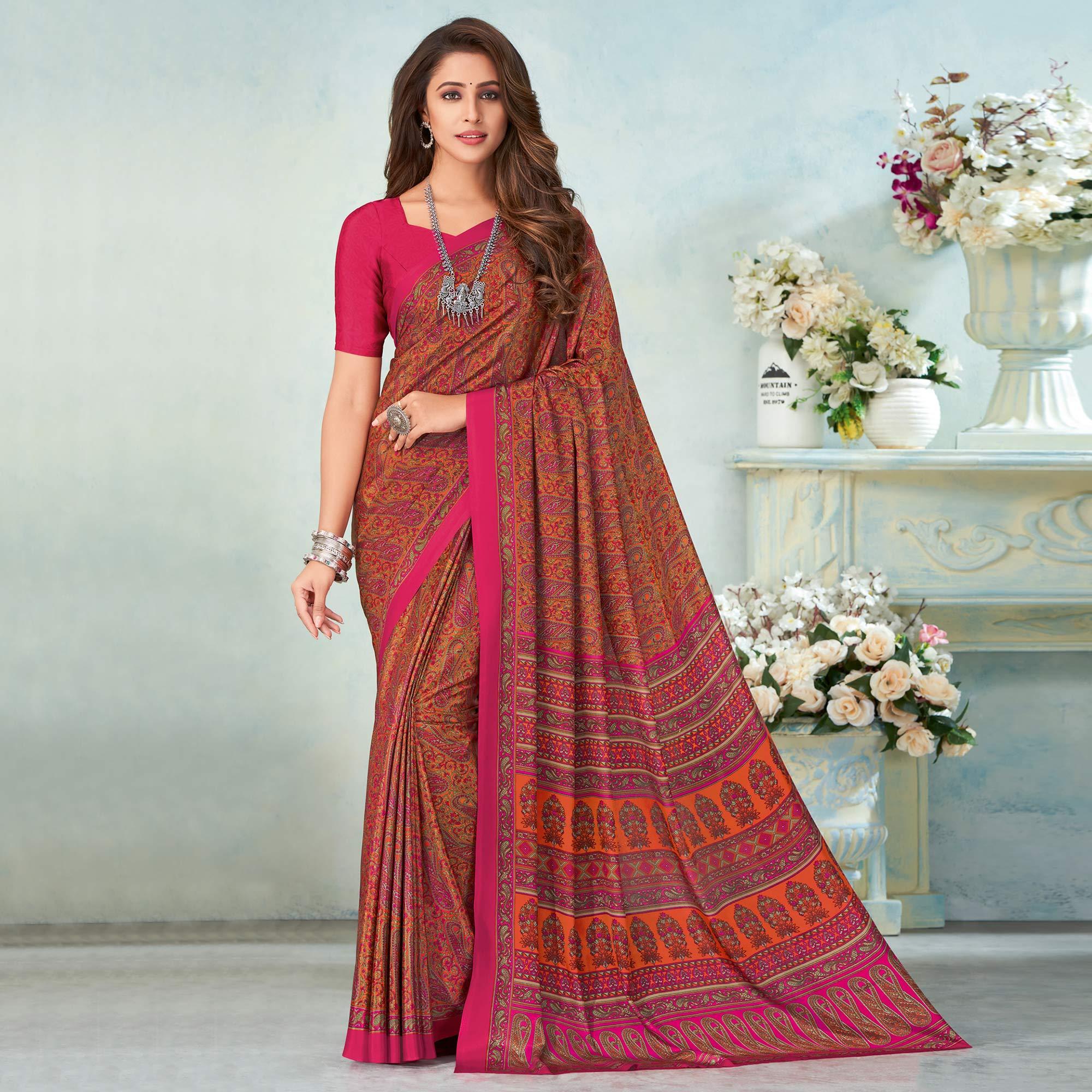 Rose Pink-Orange Printed Raw Silk Saree - Peachmode
